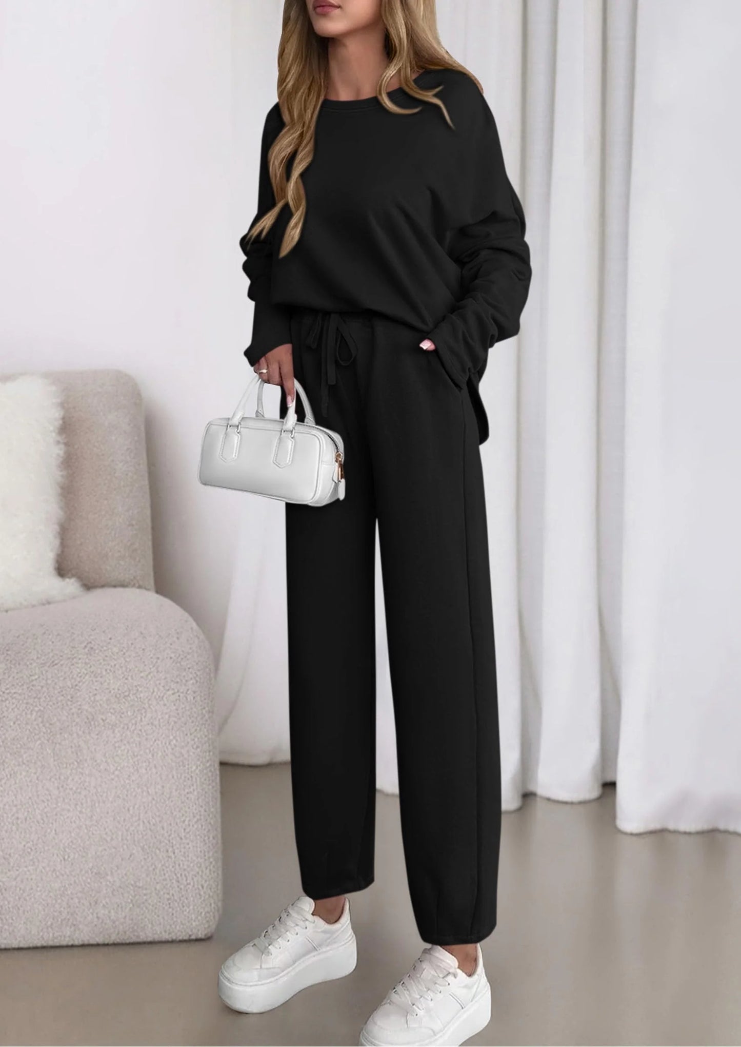 Womens 2 Piece Matching Lounge Sets Fall Long Sleeve Boatneck Sweatsuit Drawstring Sweatpants Pockets