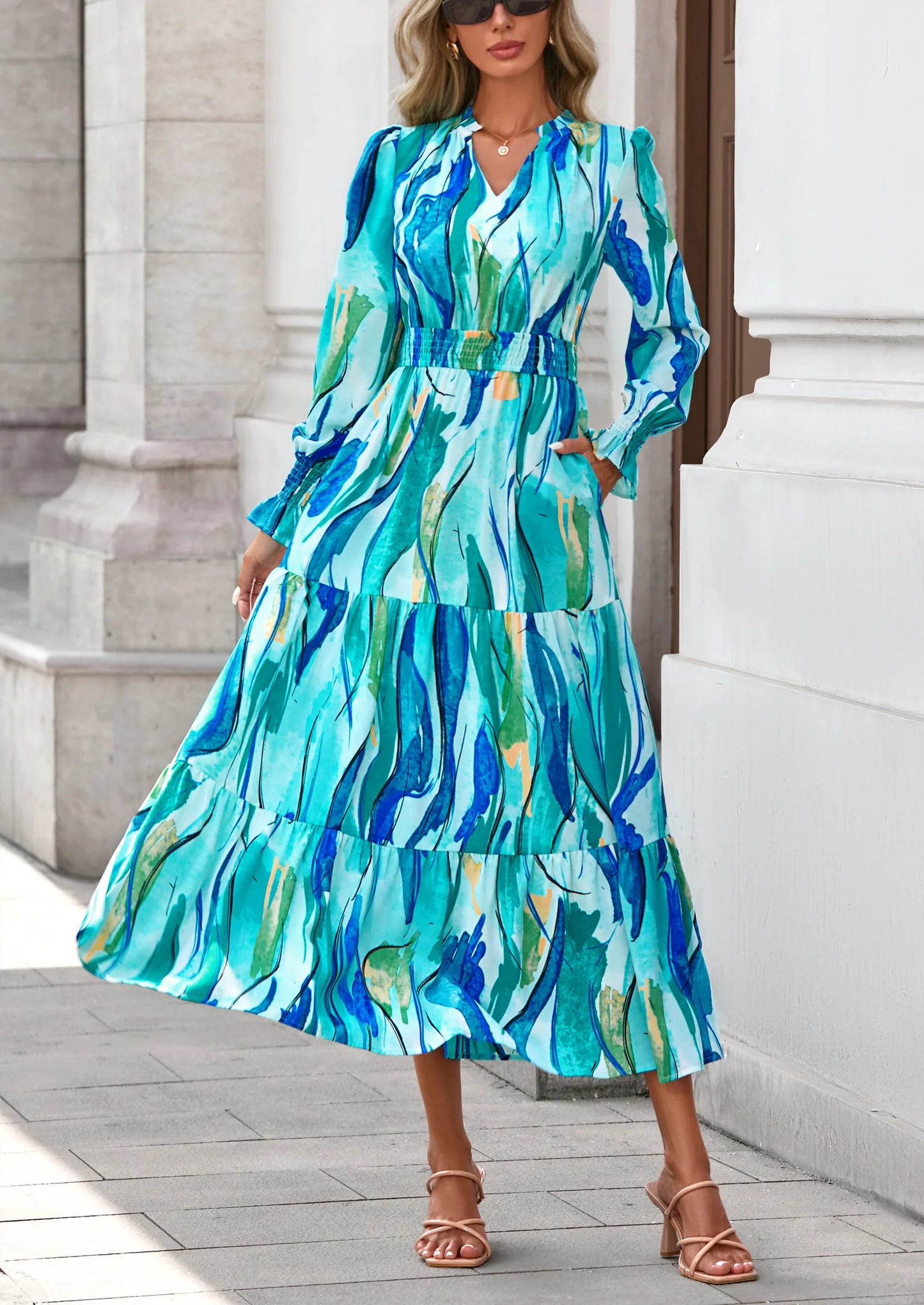 Women's Floral Maxi Dress Spring Long Sleeve V Neck Casual A Line Long Flowy Boho Party Dresses