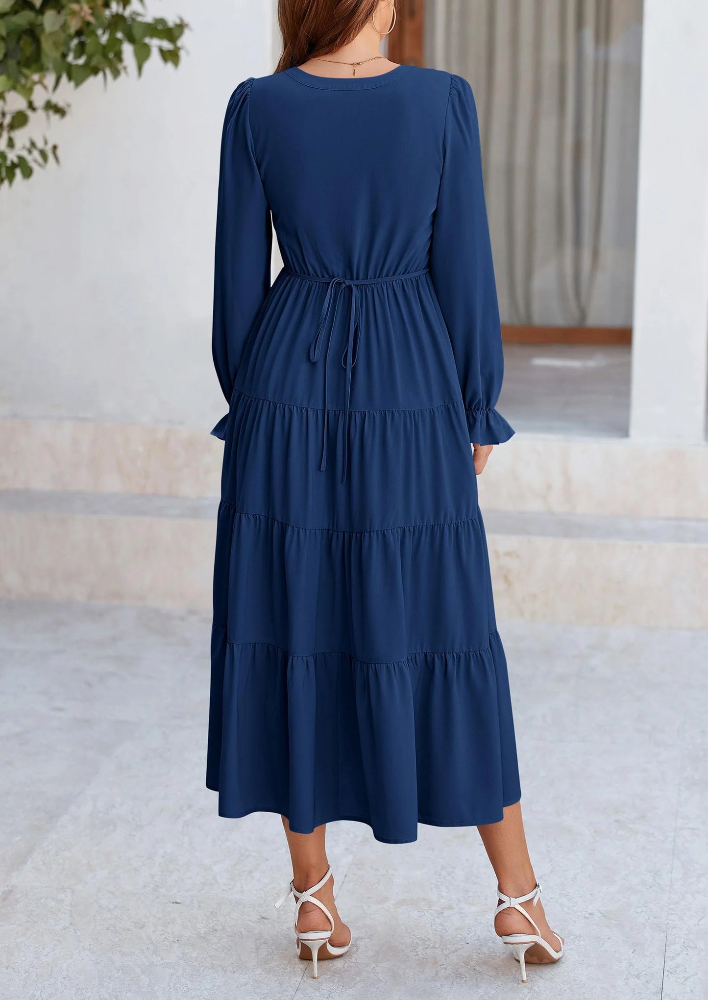 Women Fall Long Sleeve Smocked Maxi Dress Casual Square Neck Swiss Dot Tiered Ruffle Flowy Spring Pocket Dresses