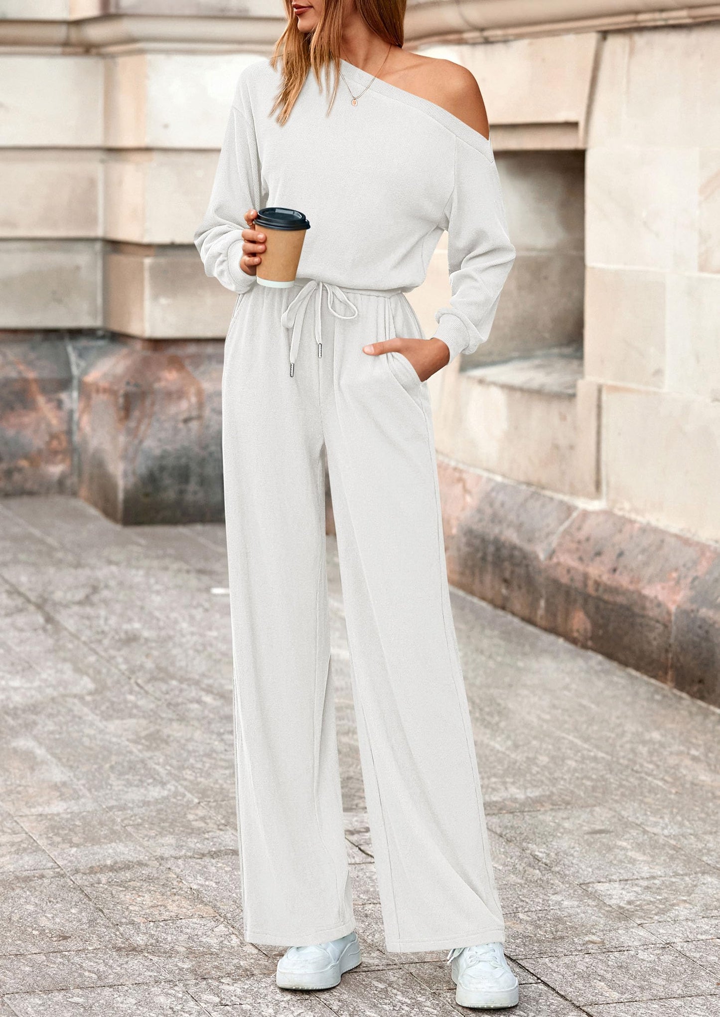 Long Sleeve Jumpsuit For Women Dressy Off Shoulder One Piece Loose Wide Leg Jumpsuits Casual Flowy Romper
