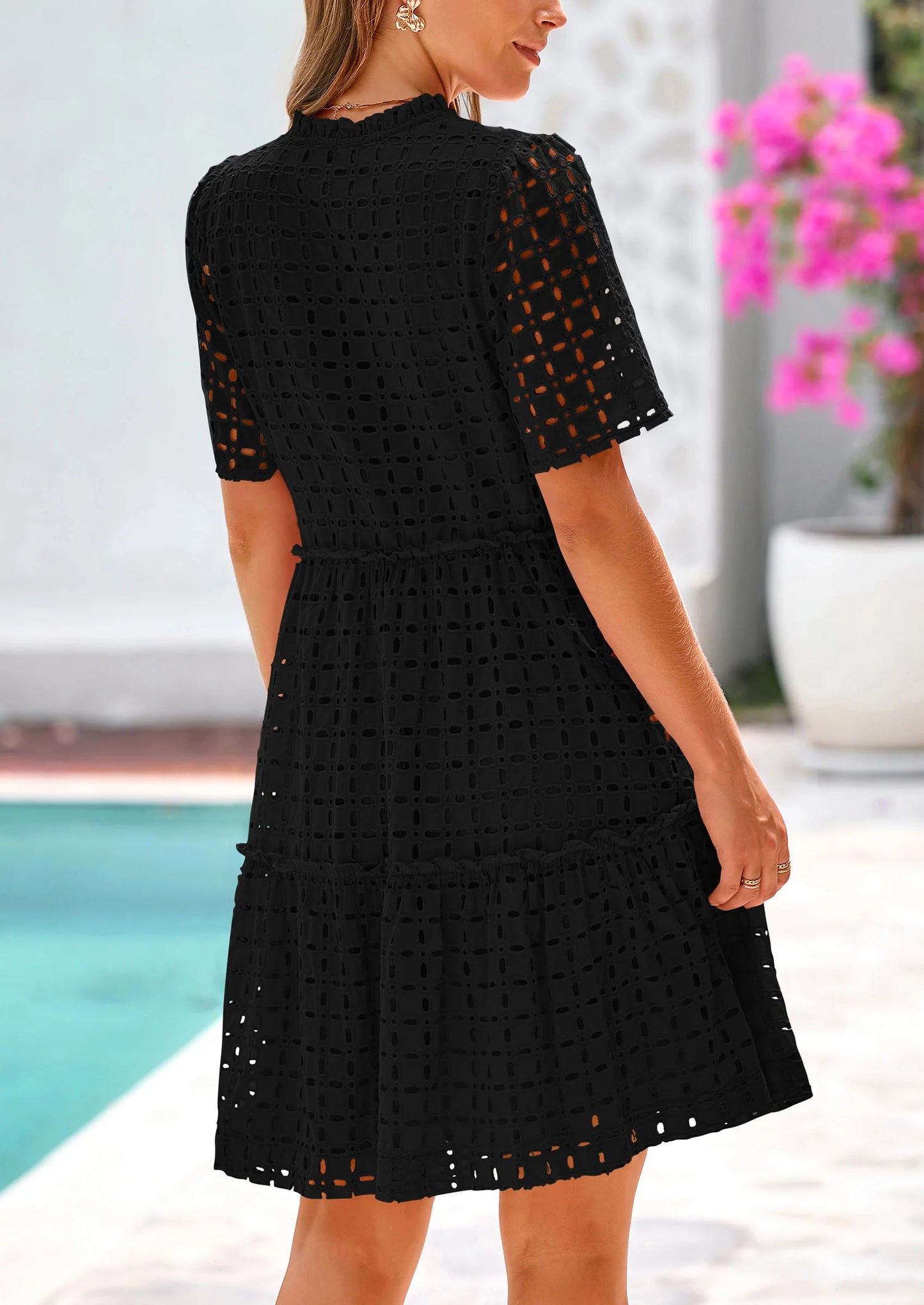 Women's Short Sleeve Mini Dress Summer V Neck Hollow Out Eyelet Ruffle A Line Swing Short Dresses