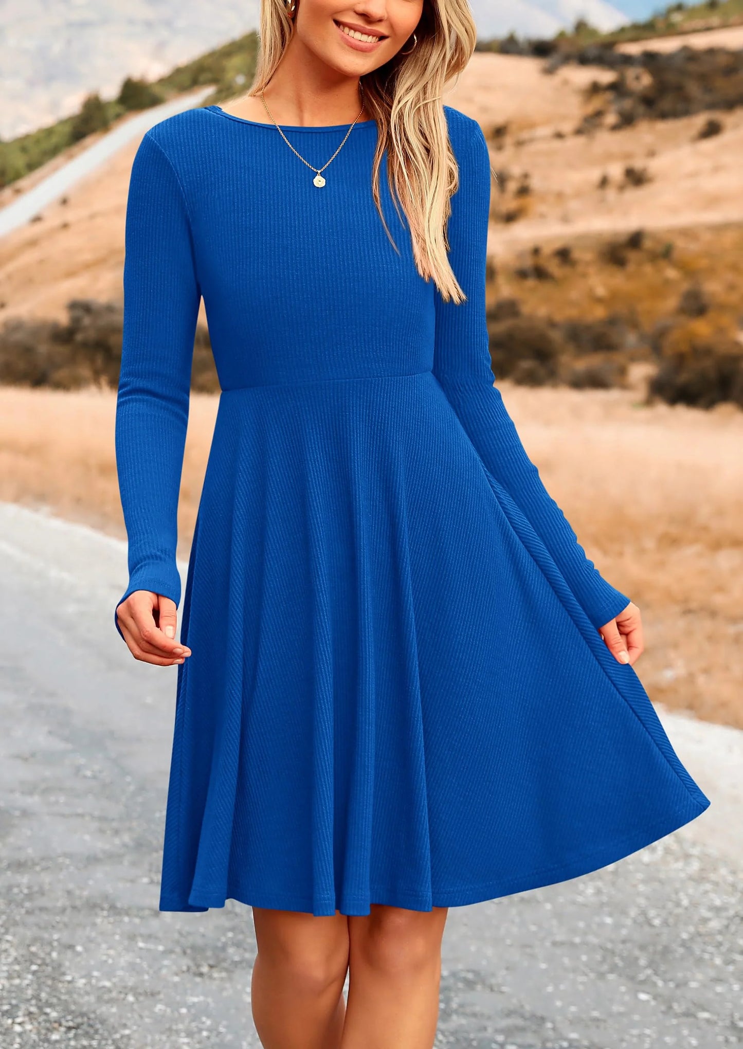 Women's Spring Fall Short Dress Ribbed Knit Crewneck Long Sleeve A Line Flowy Casual Elegant Going Out Dresses