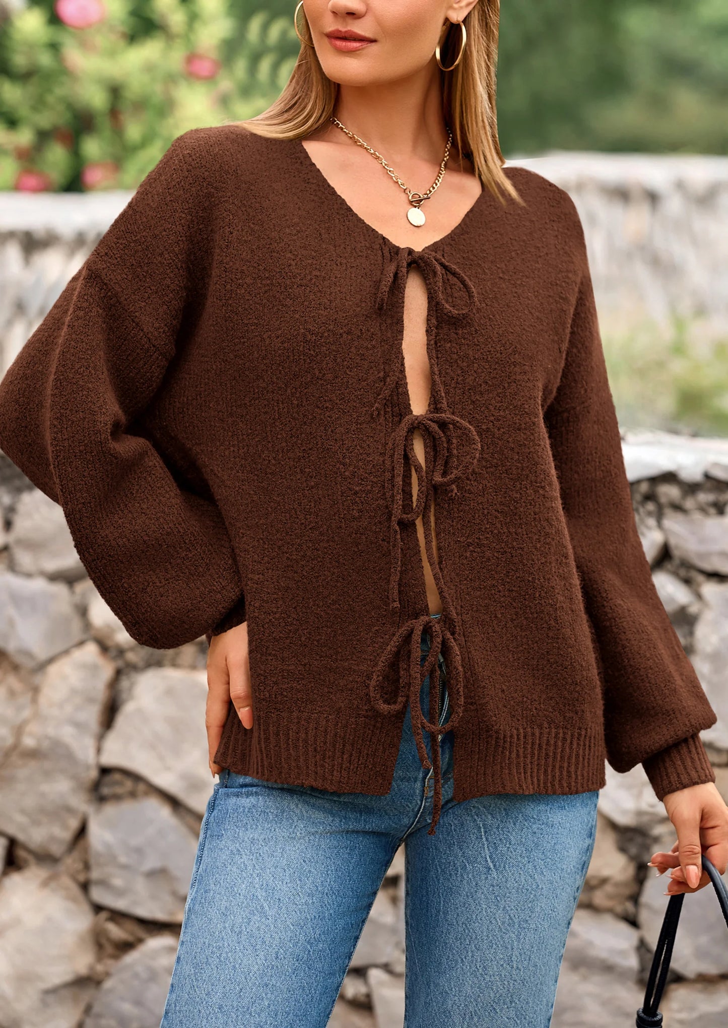 Women's Tie Front Bow Cardigan Sweaters Chunky Knit Long Puff Sleeve Trendy Fall Winter Jacket Coats