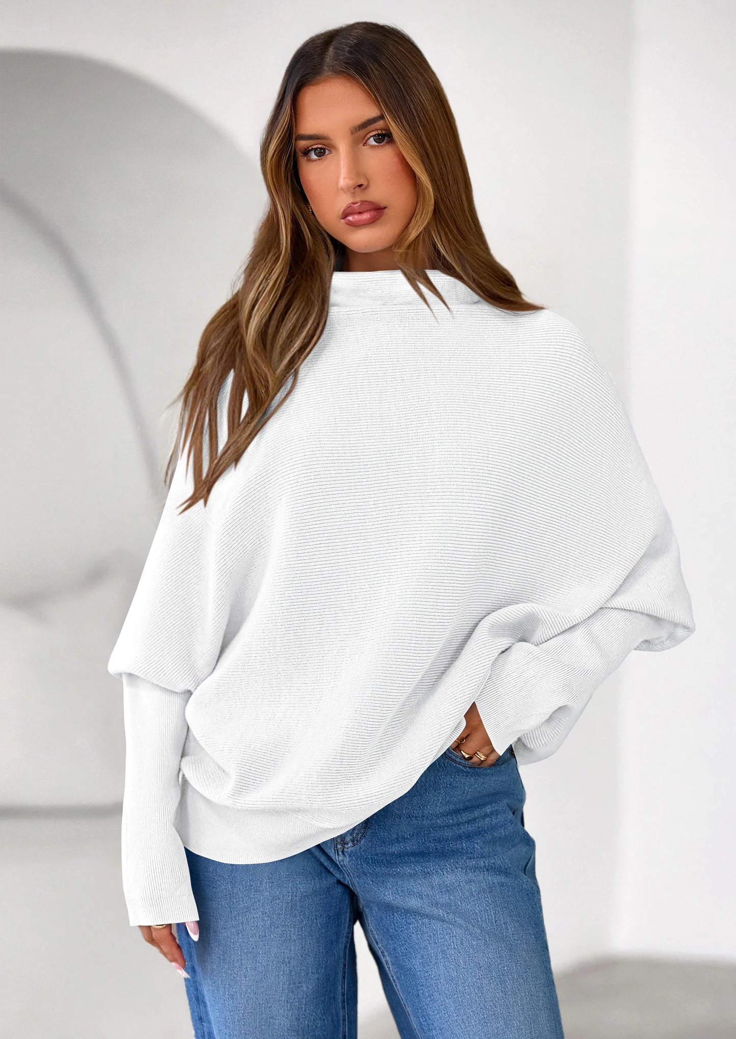 Womens Sweaters Fall Fashion Casual Loose Turtleneck Batwing Long Sleeve Knit Sweater Pullover Tops