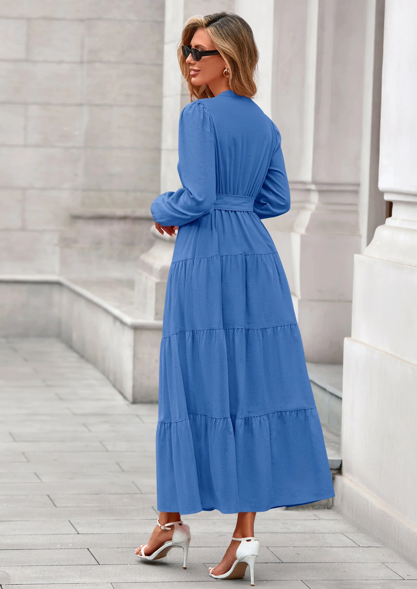 Fall Dresses for Women Long Sleeve V Neck Belted Ruffle A Line Flowy Boho Maxi Wedding Guest Dress Pockets