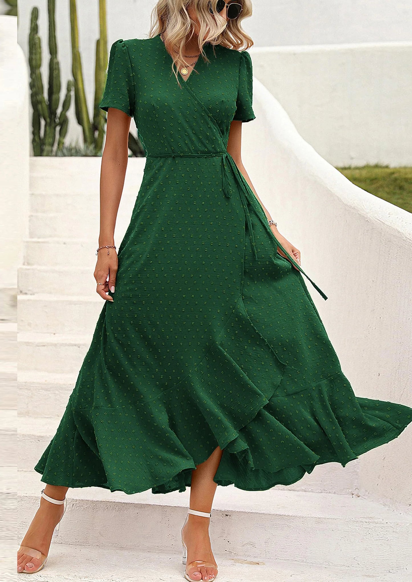 Women's Summer Maxi Dress Casual Wrap Floral Boho Short Sleeve V Neck Split Ruffle Beach Long Dresses