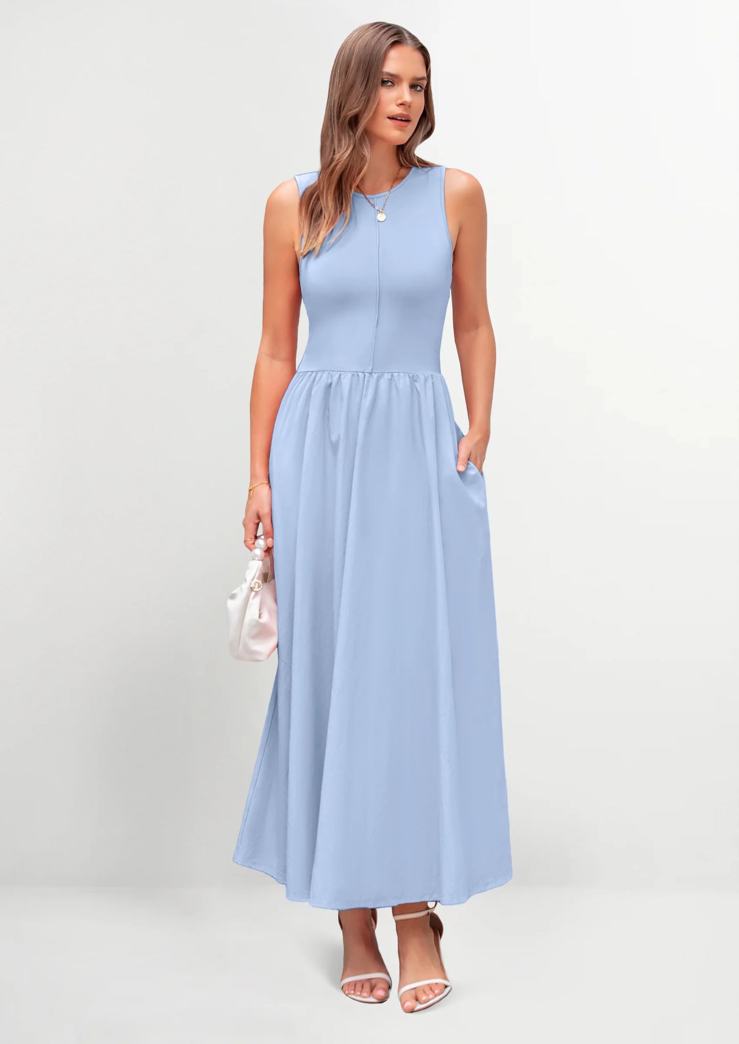 Women Maxi Dresses Casual Sleeveless Patchwork Knit Tank Dress Flowy Beach Sundress Long Dress