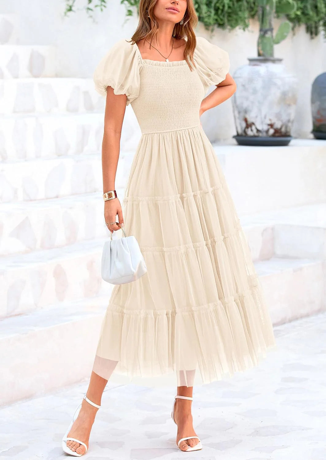 Women's Smocked Tulle Midi Dress Square Neck Puffy Short Sleeve Ruffle Wedding Guest Party Dresses