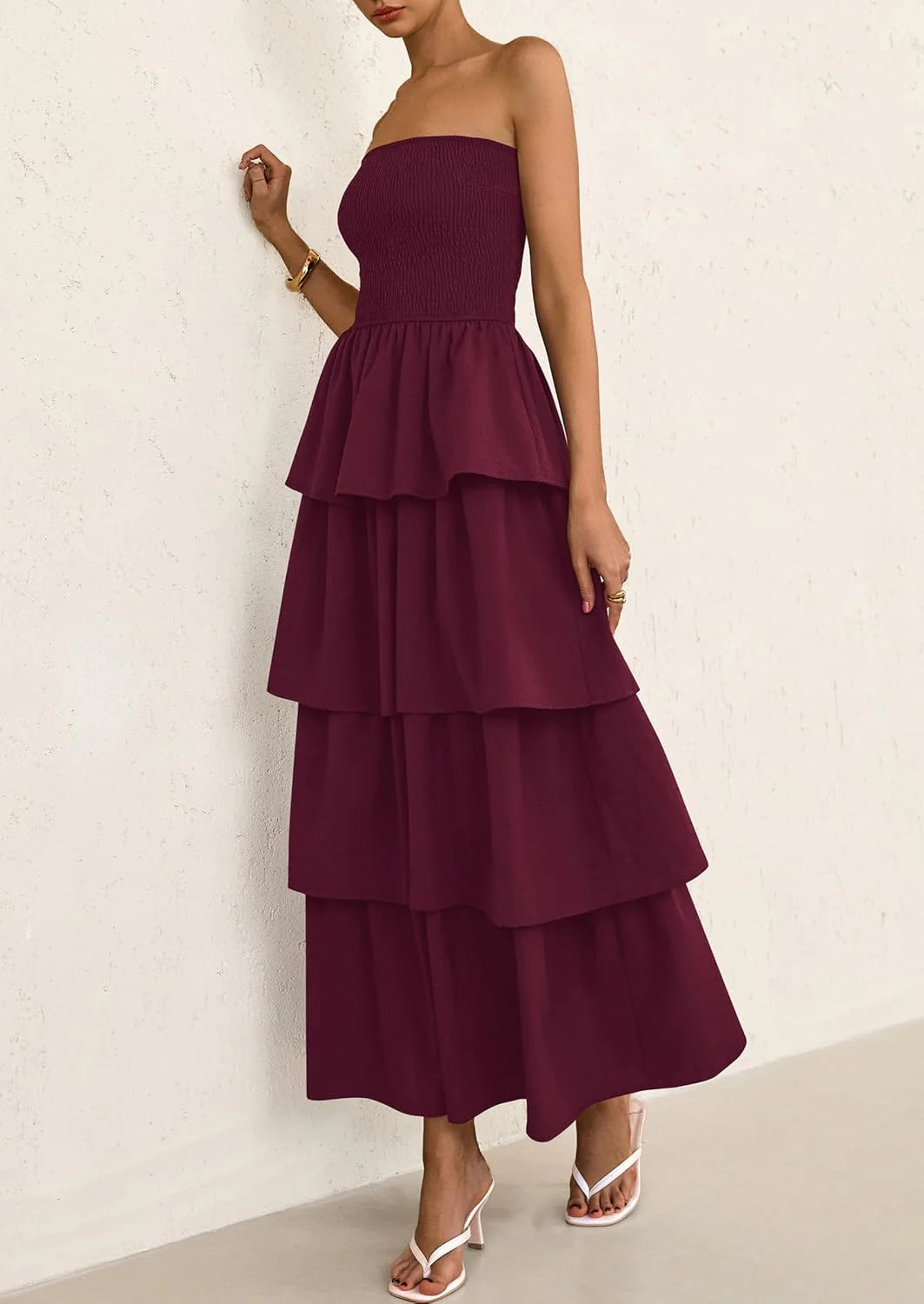 Maxi Dresses for Women Off Shoulder Smocked Tiered Ruffle Long Flowy Wedding Guest Dress