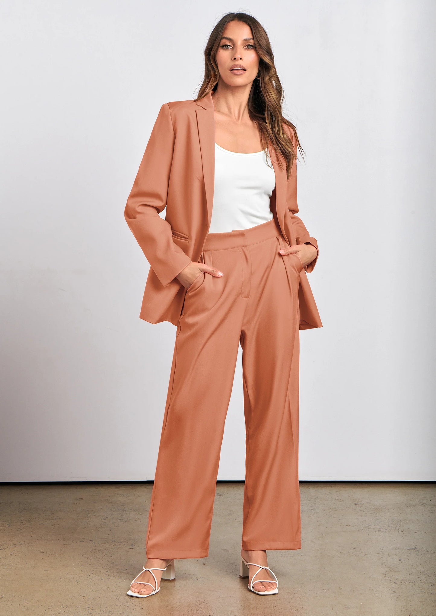 Women's Fall Two Piece Outfits Dressy Blazer Jacket and Wide Leg Pants Pockets Business Casual Office Suit Sets