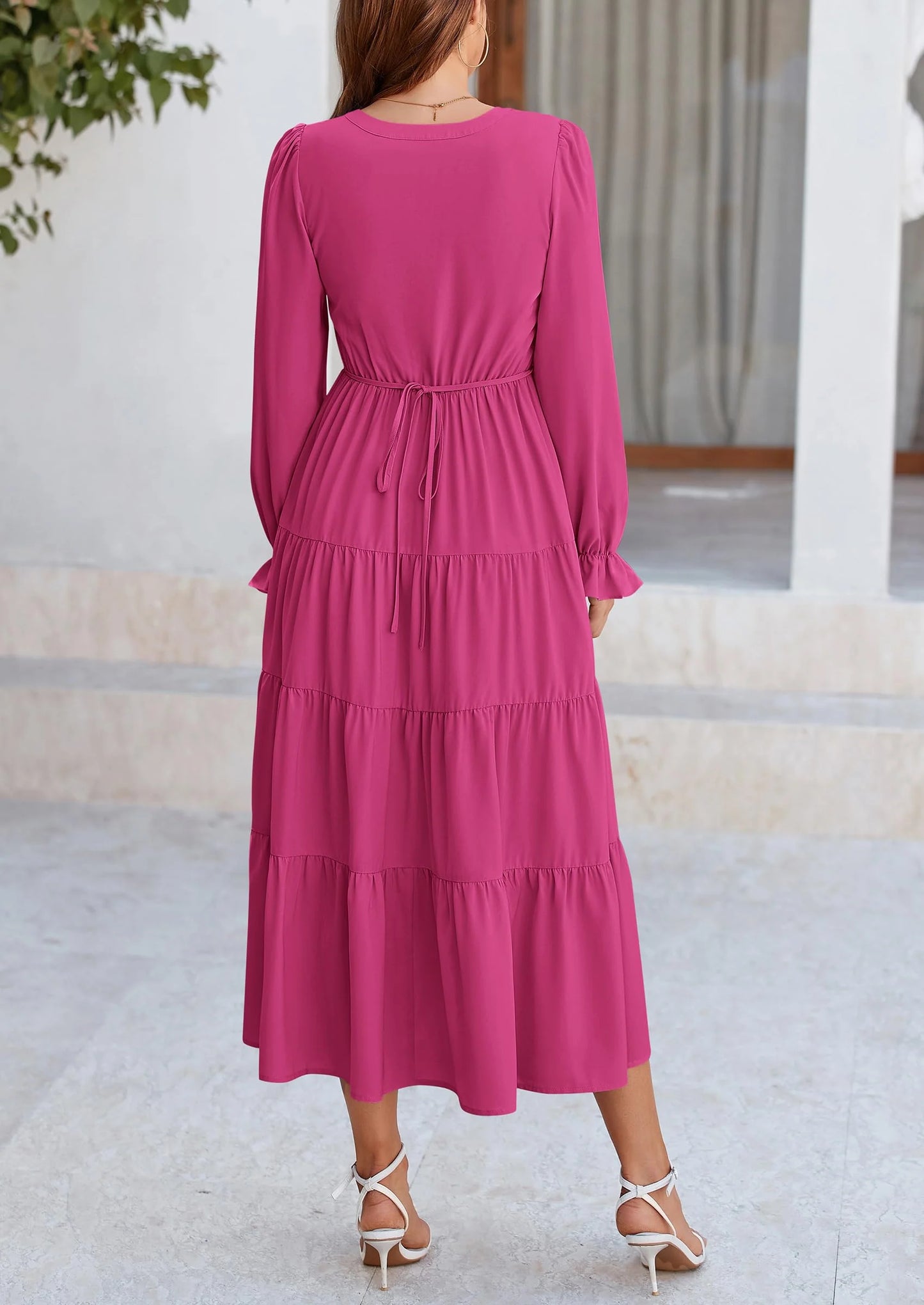Women Fall Long Sleeve Smocked Maxi Dress Casual Square Neck Swiss Dot Tiered Ruffle Flowy Spring Pocket Dresses