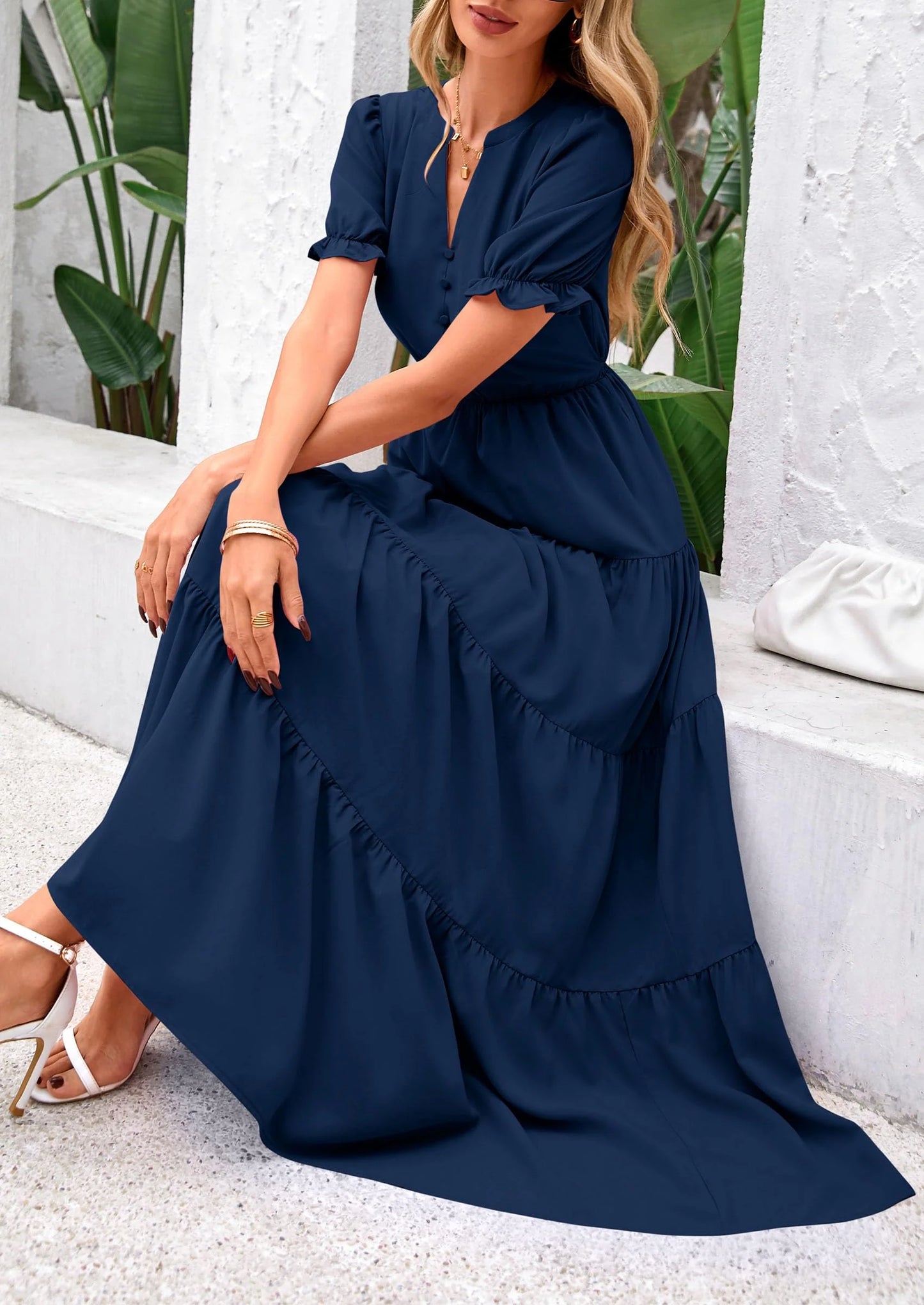 Women's Casual Short Sleeve V Neck Midi Dresses Spring A-line Tiered Wedding Guest Dress