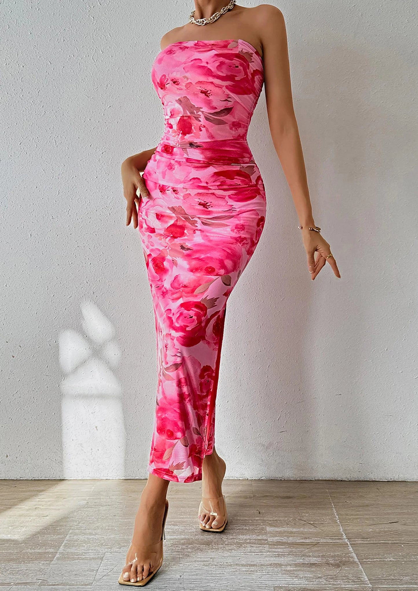 Women's Maxi Bodycon Dresses Strapless Tube Top Slit Floral Printed Party Club Long Dress
