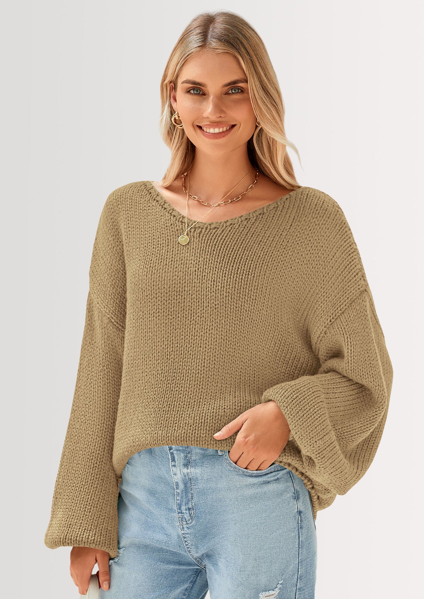 Women's Fall Oversized Sweaters Long Sleeve V Neck Dressy Casual Chunky Knit Loose Pullover Tops Winter Clothing