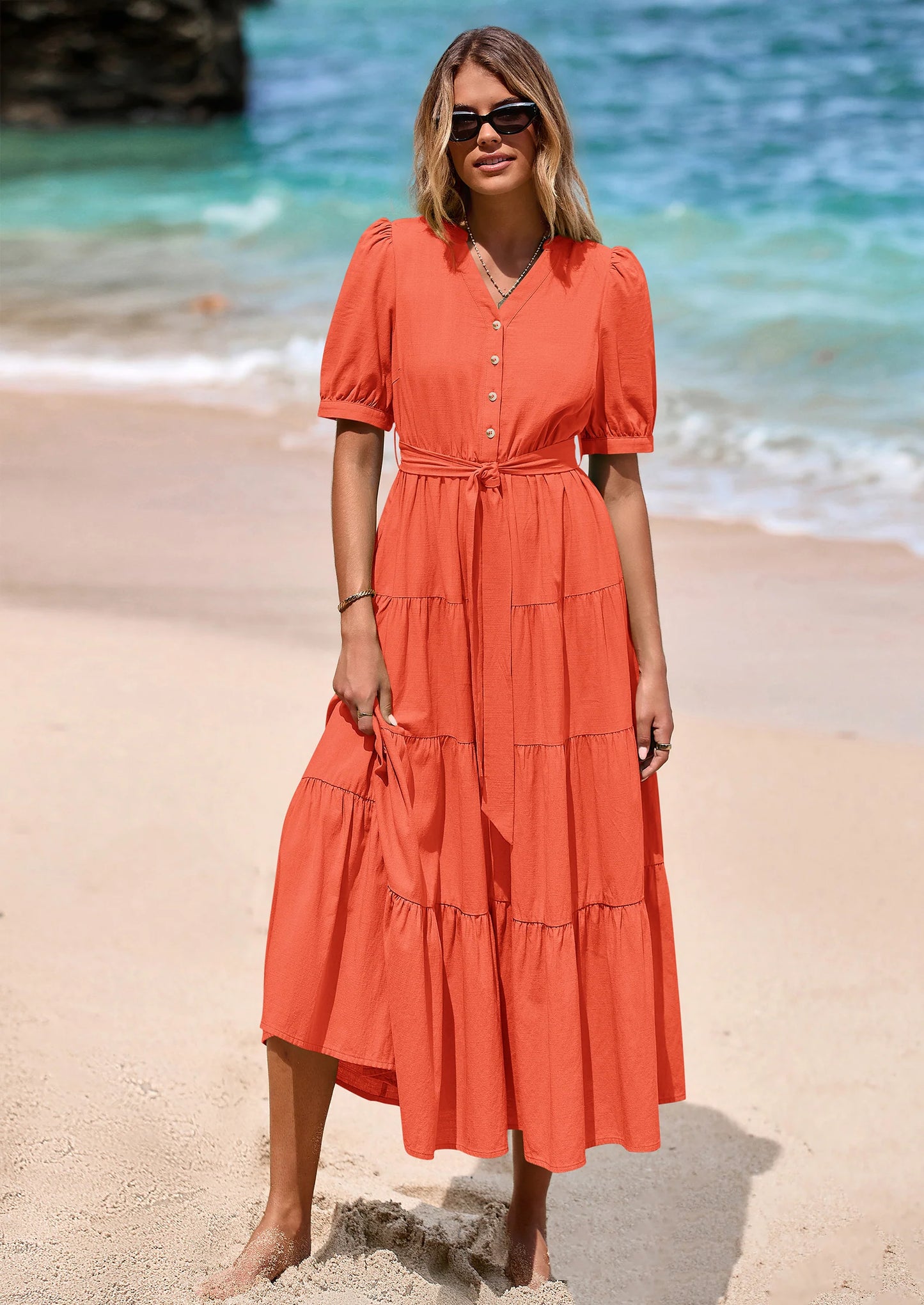 Women's Midi Dress Casual Short Sleeve V Neck Buttons Belted Ruffle A Line Flowy Dress with Pockets