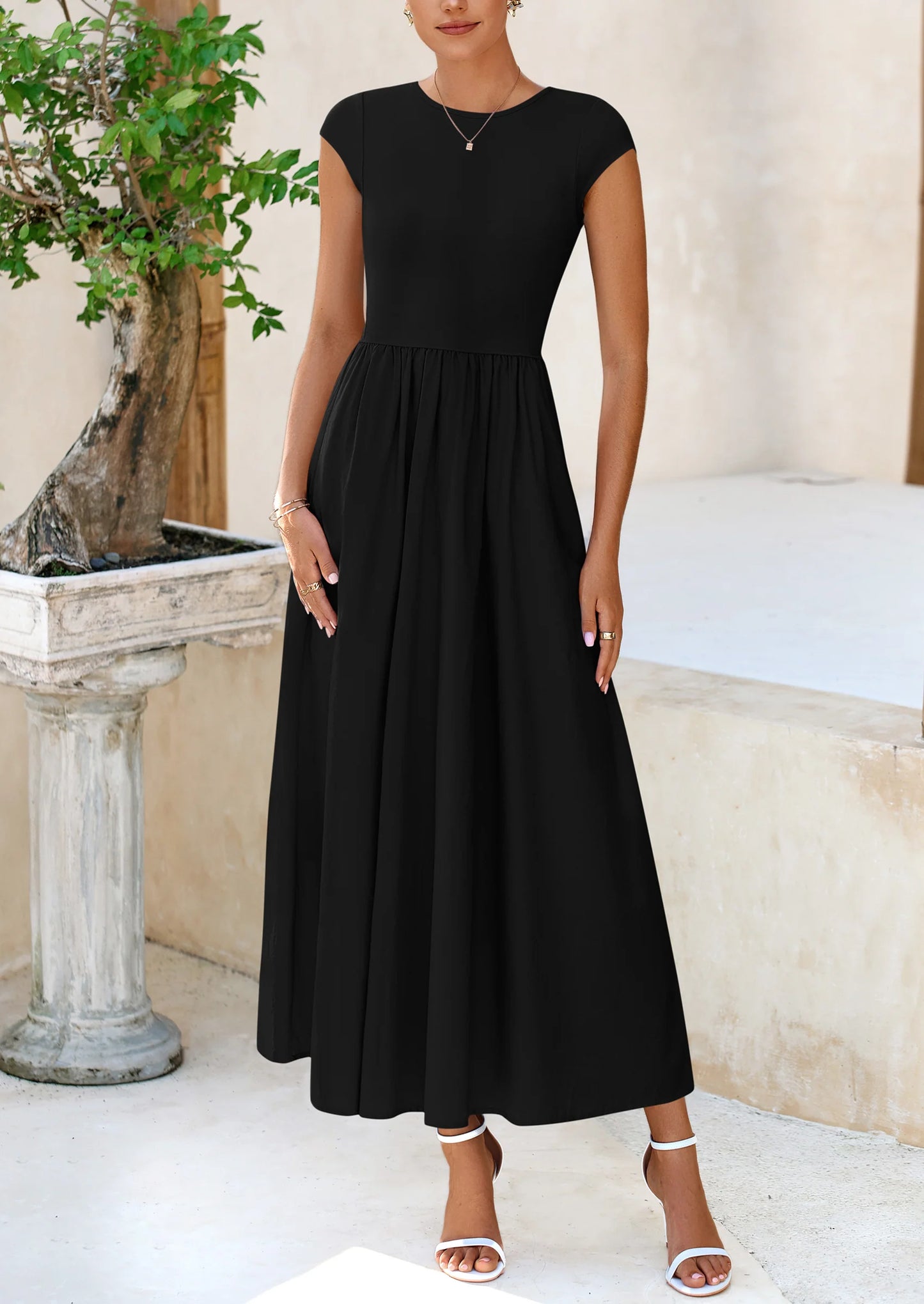 Women's Casual Long Dresses Cap Sleeve Patchwork A Line Flowy Modest Elegant Homecoming Maxi Dress
