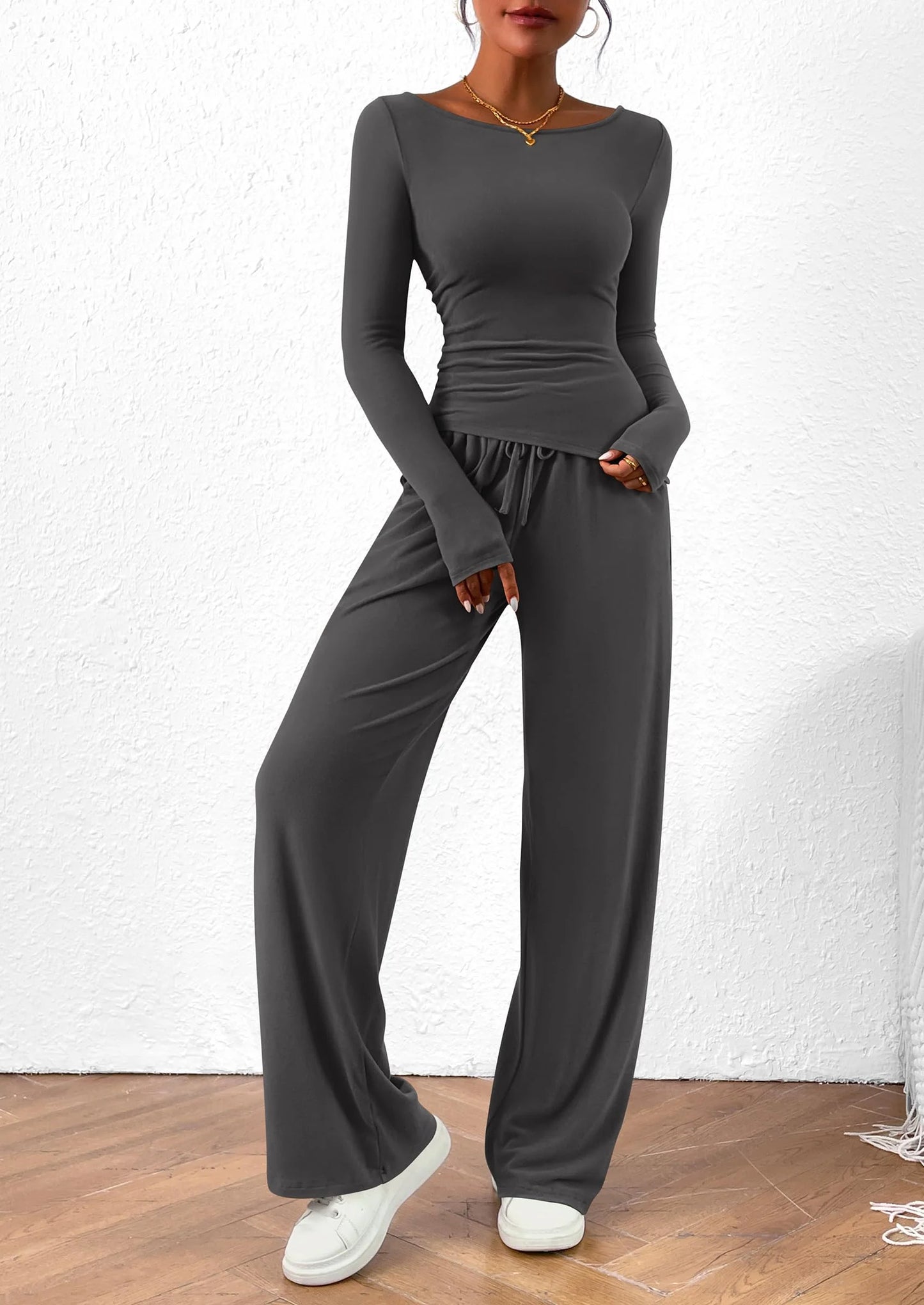 Women's 2 Piece Lounge Sets Asymmetrical Long Sleeve T Shirt Wide Leg Pants Casual Outfits Tracksuit