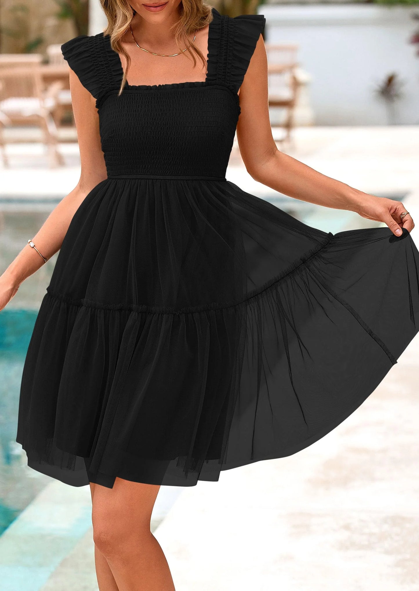 Womens Trendy Mini Summer Dresses Sleeveless Tulle Ruffle Square Neck Tiered Smocked Beach Vacation Dress