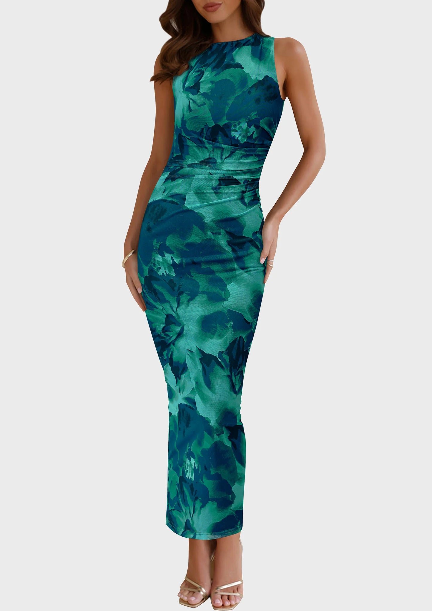 Wedding Guest Dresses for Women Spring Floral Bodycon Sleeveless Mesh Maxi Long Dress