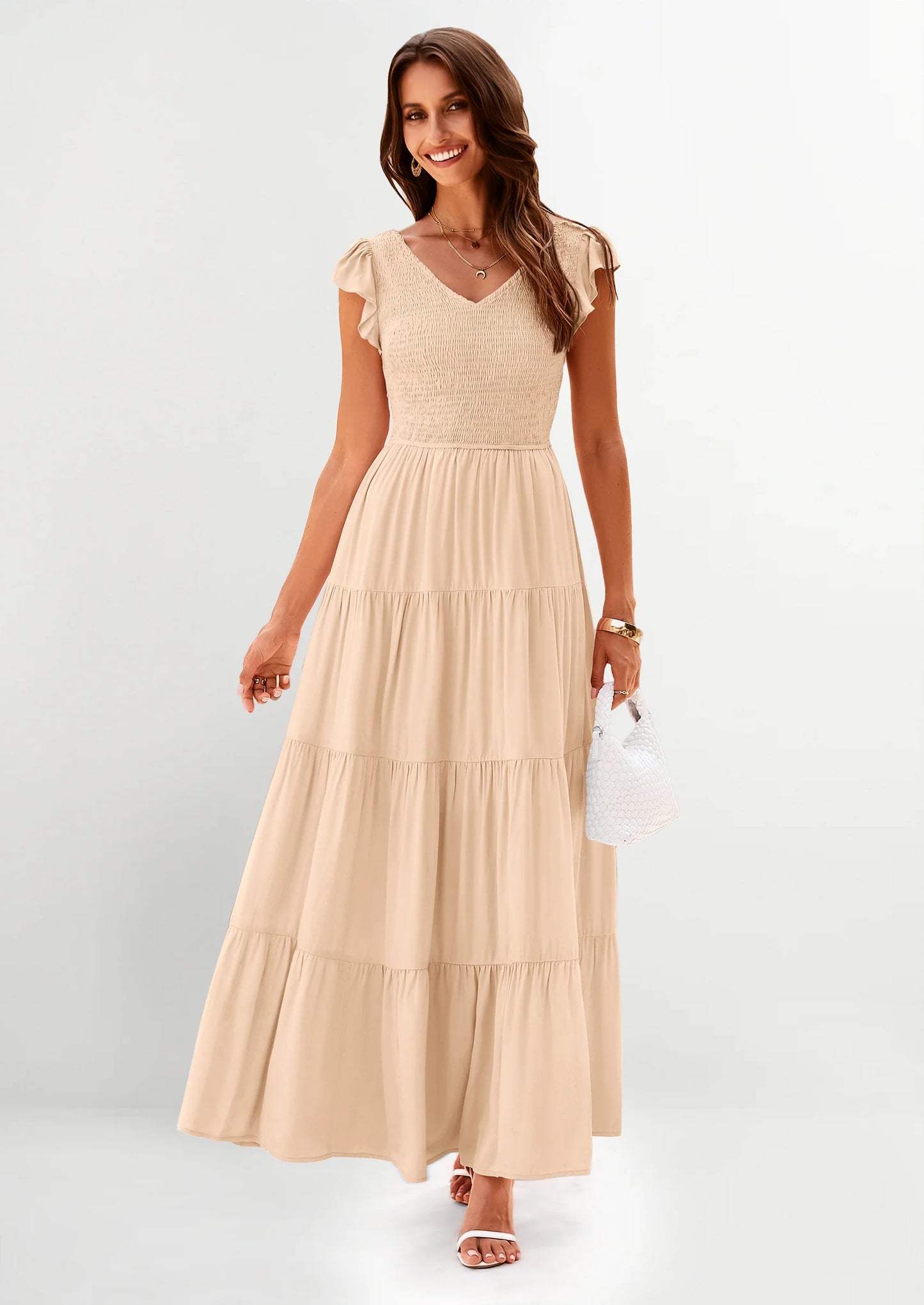Women's Flowy Maxi Dress Casual Cap Sleeve V Neck Smocked Beach Sundress