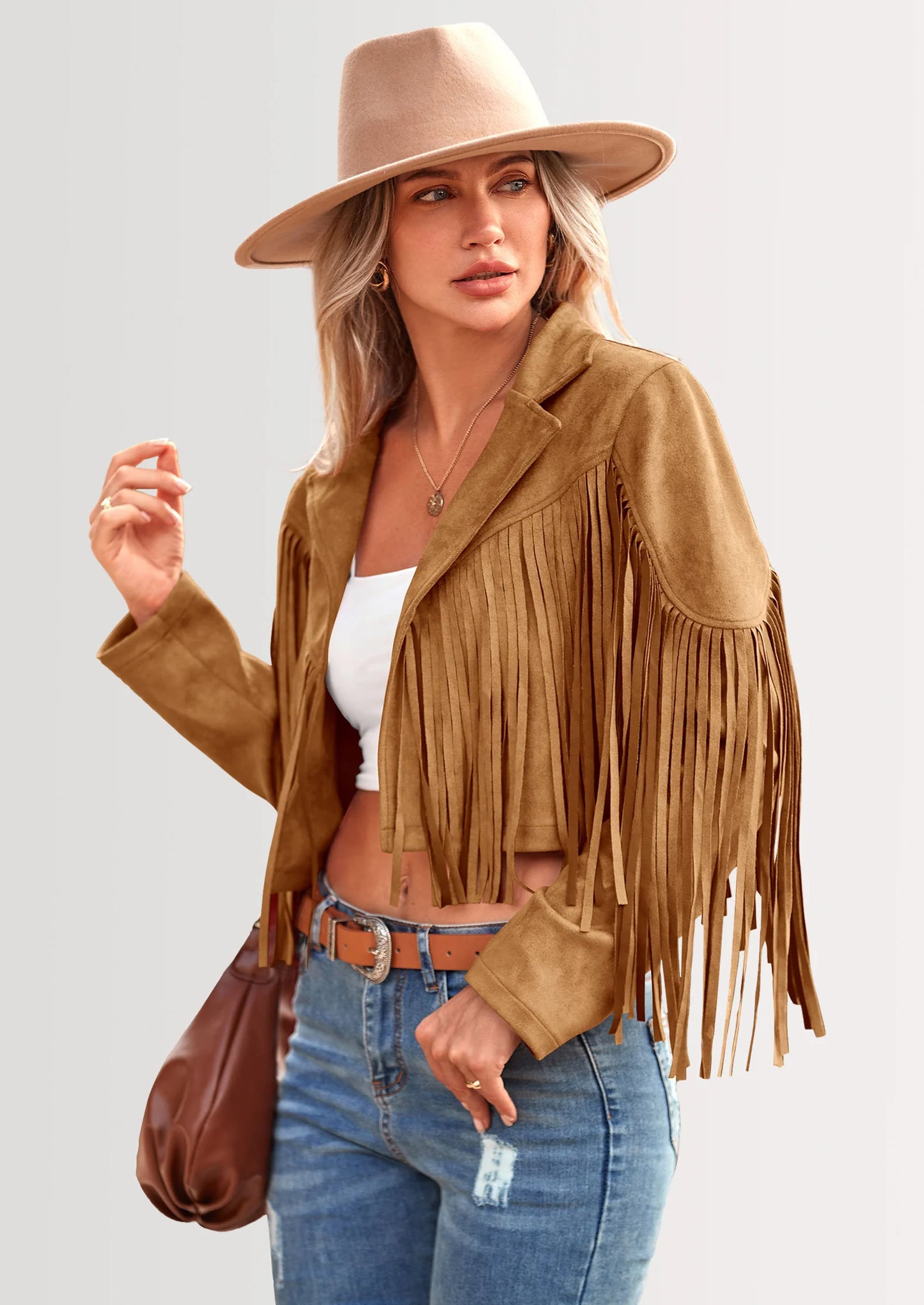 Women's Fringe Faux Suede Leather Jackets Fashion Tassel Motorcycle Cropped Coats