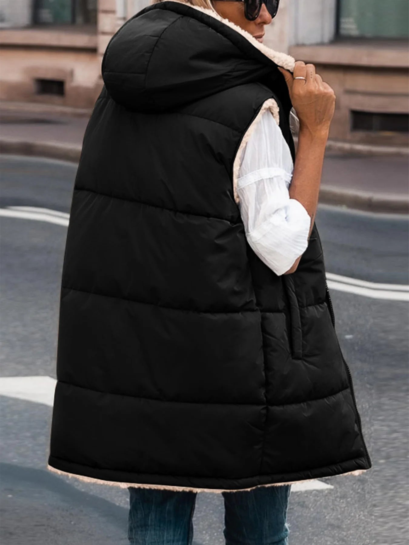 Womens Fall Reversible Vests Sleeveless Fleece Jacket Zip Up Hoodie Pockets Long Warm Winter Coat Outerwear