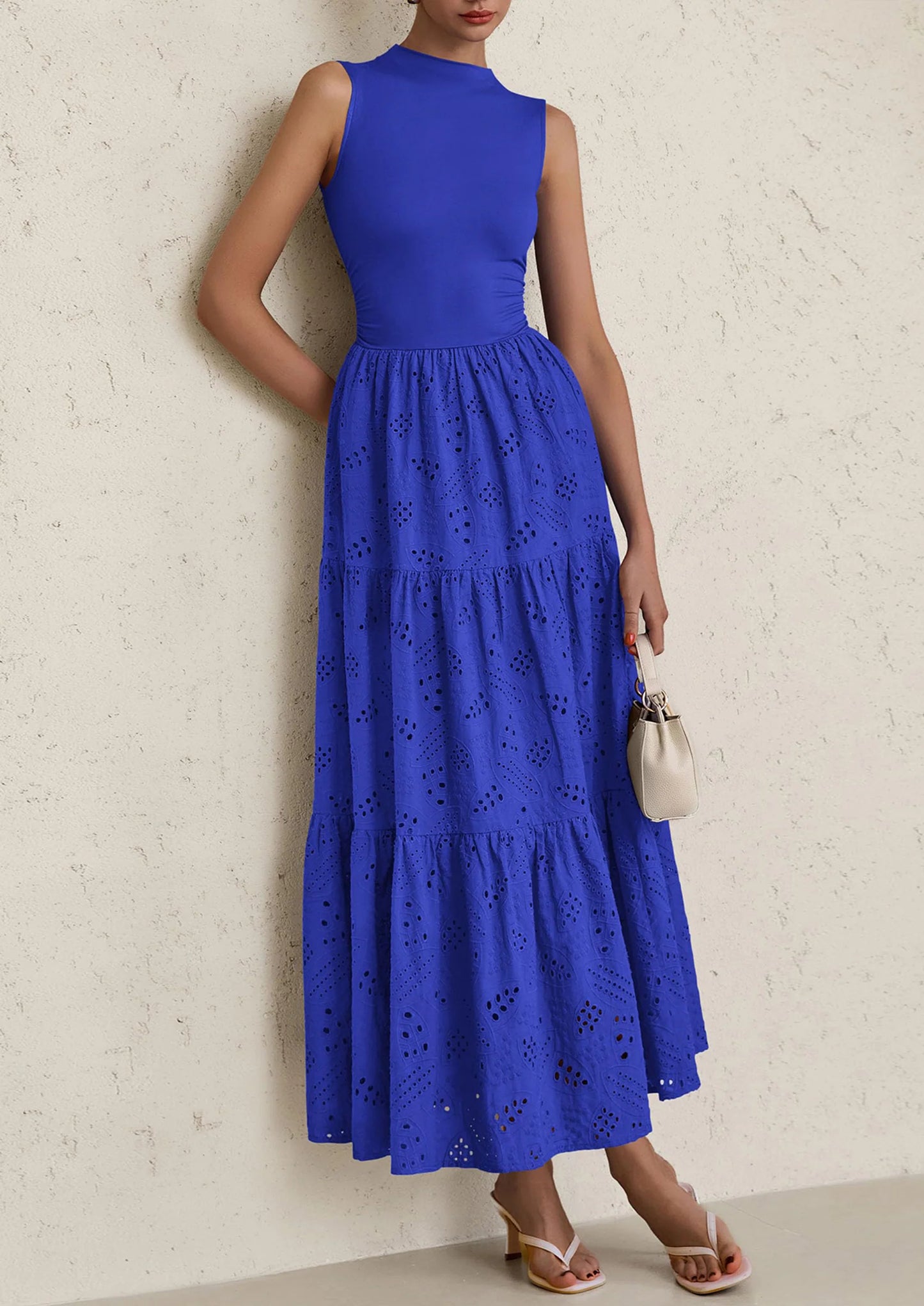 Dresses for Women Casual Eyelet Sleeveless Wedding Guest Maxi Dress Tank Top Sundress with Pockets