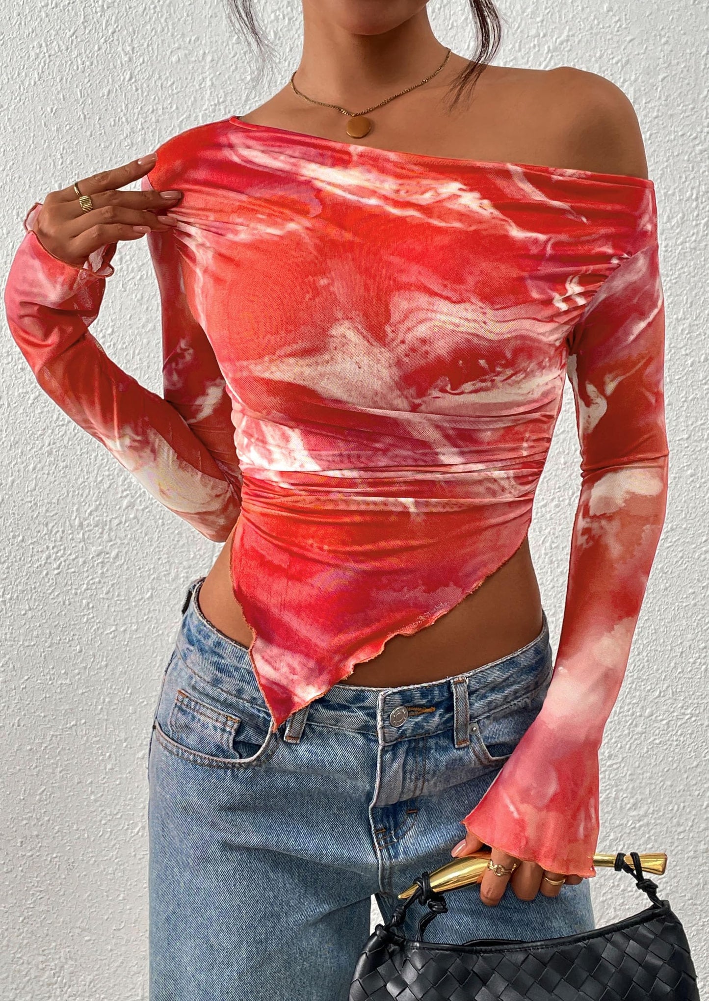 Womens Fall Trendy Off Shoulder Tops Tie Dye Mesh Long Sleeve Shirts Asymmetrical Ruched Floral Blouse