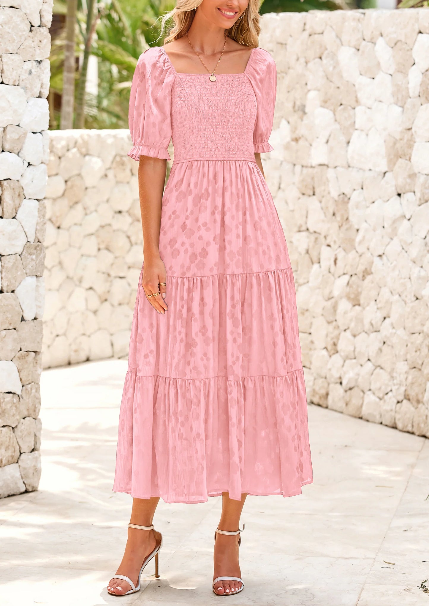 Women's Casual Midi Dresses Square Neck Short Sleeve Smocked A Line Floral Flowy Elegant Boho Dress