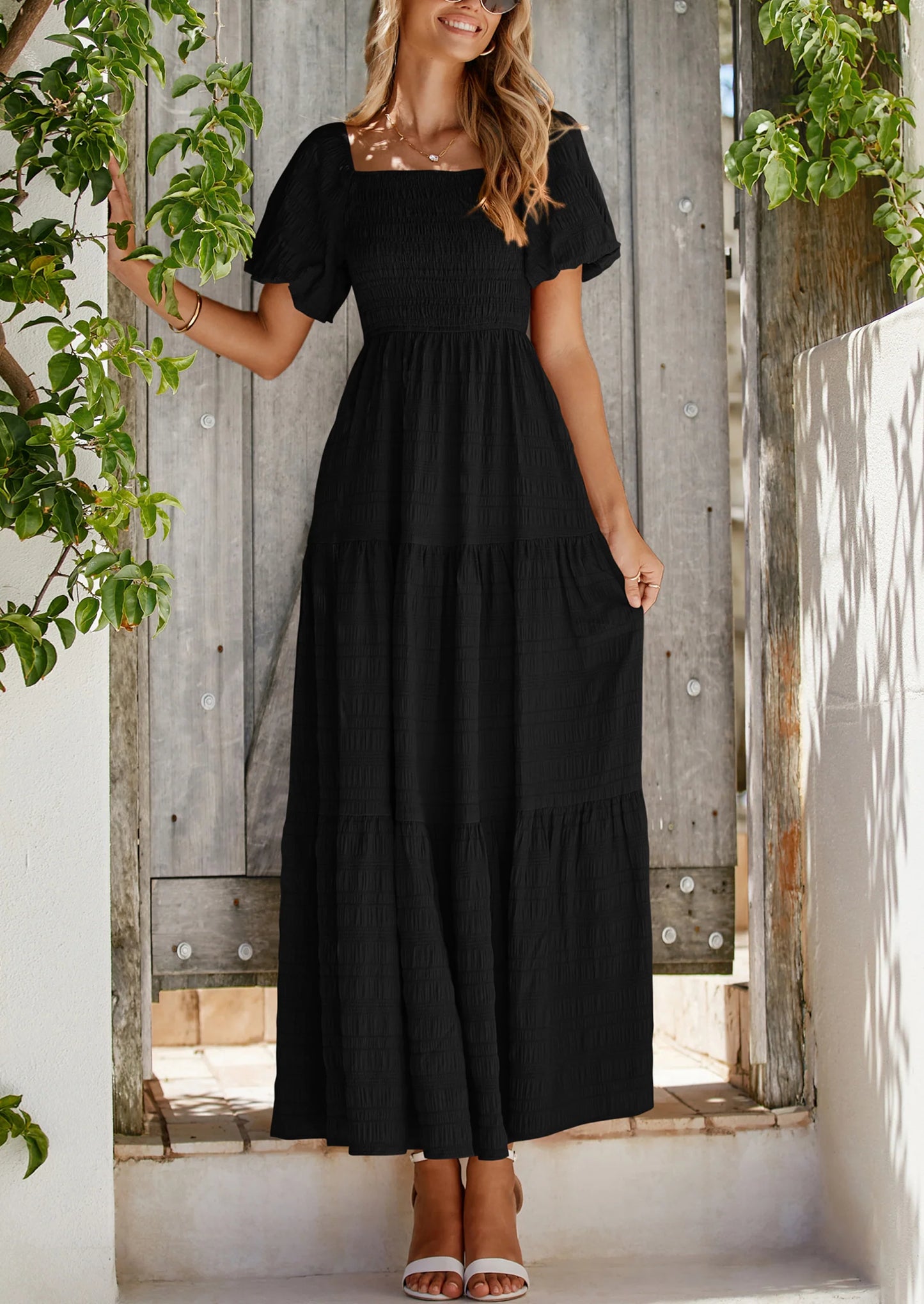Womens Summer Puff Short Sleeve Maxi Dress Square Neck Smocked Tiered Ruffle A Line Long Flowy Beach Dresses