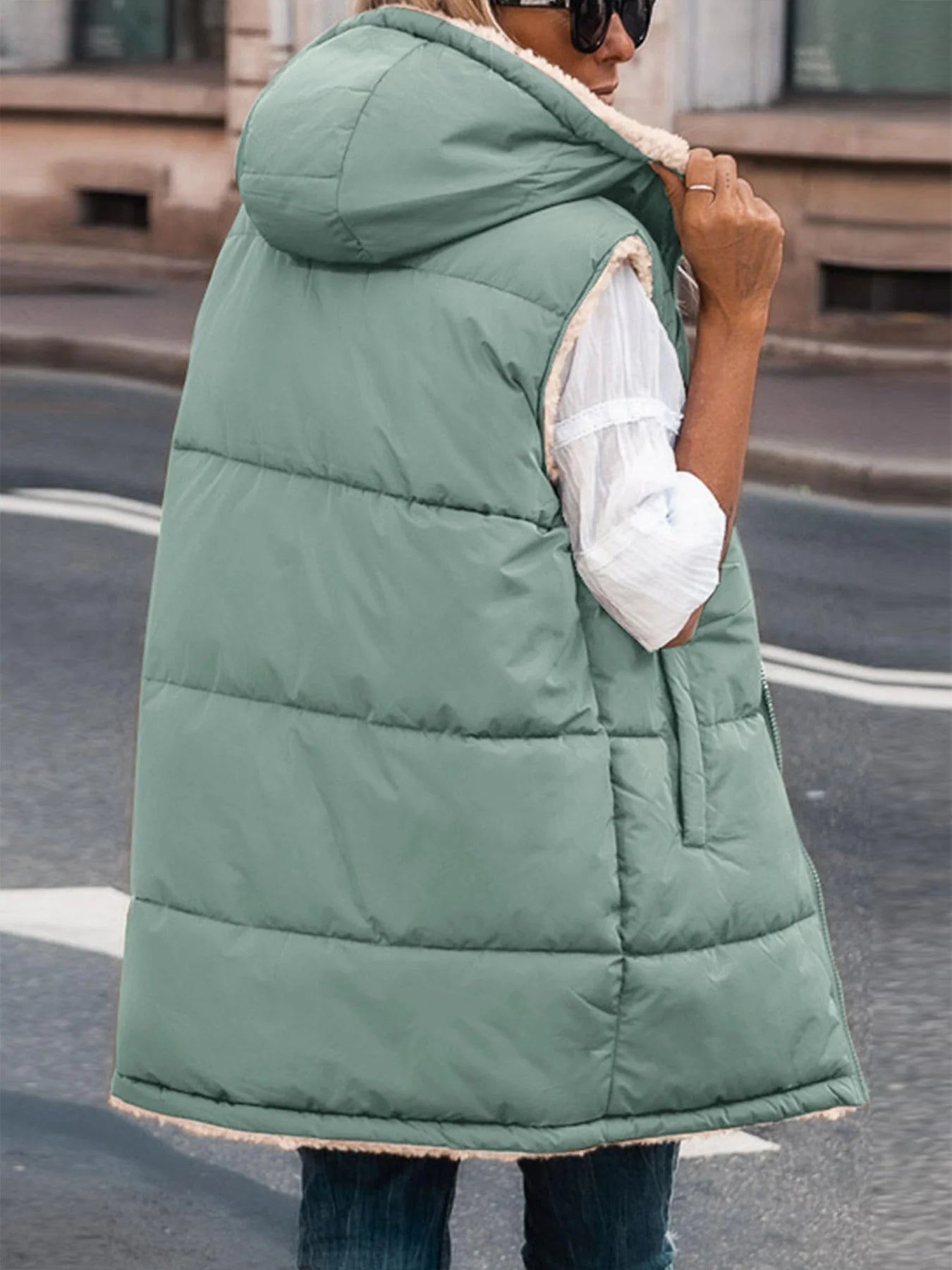 Womens Fall Reversible Vests Sleeveless Fleece Jacket Zip Up Hoodie Pockets Long Warm Winter Coat Outerwear