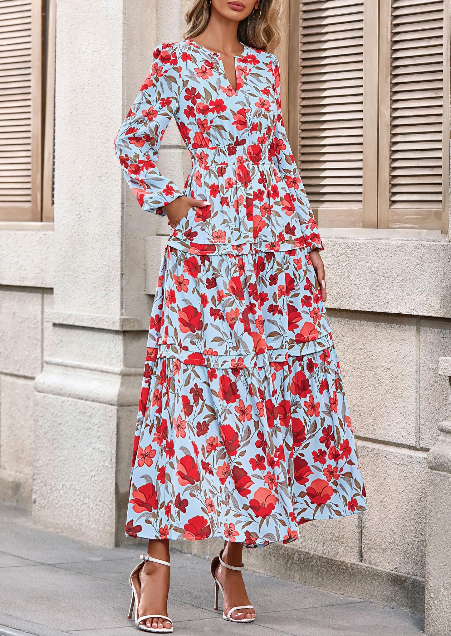 Women's Fall Boho Maxi Dresses Floral Long Sleeve V Neck Flowy Elegant Wedding Guest Dress Vacation Outfits