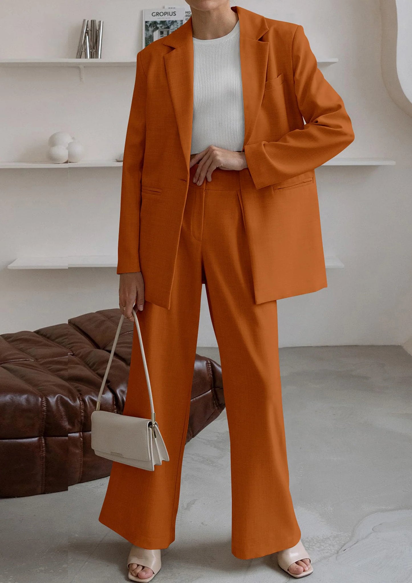 Women's Fall Two Piece Outfits Dressy Blazer Jacket and Wide Leg Pants Pockets Business Casual Office Suit Sets