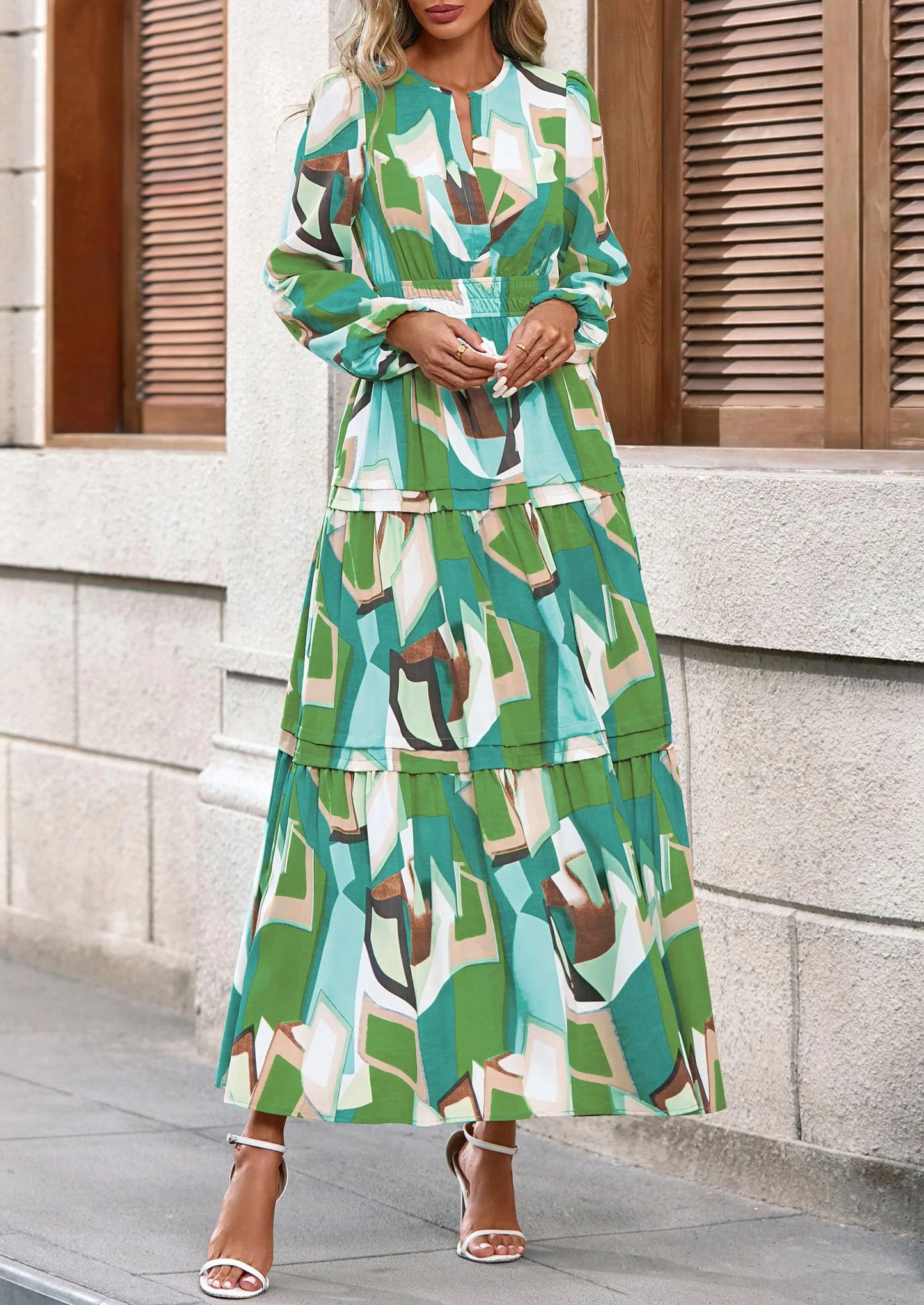 Women's Fall Boho Maxi Dresses Floral Long Sleeve V Neck Flowy Elegant Wedding Guest Dress Vacation Outfits