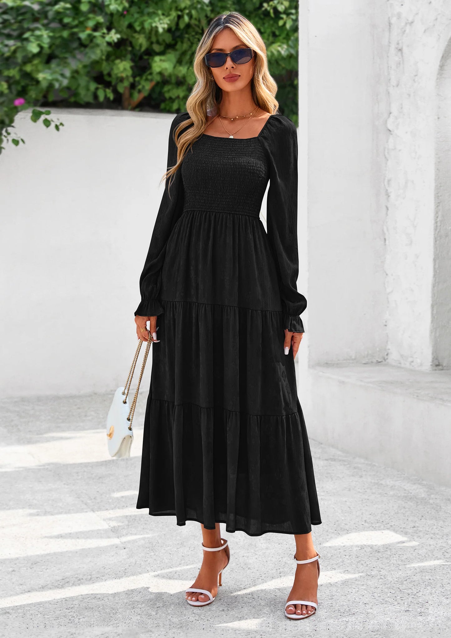 Fall Wedding Guest Dresses for Women Floral Long Sleeve Smocked Tiered Elegant Long Flowy Boho Dress
