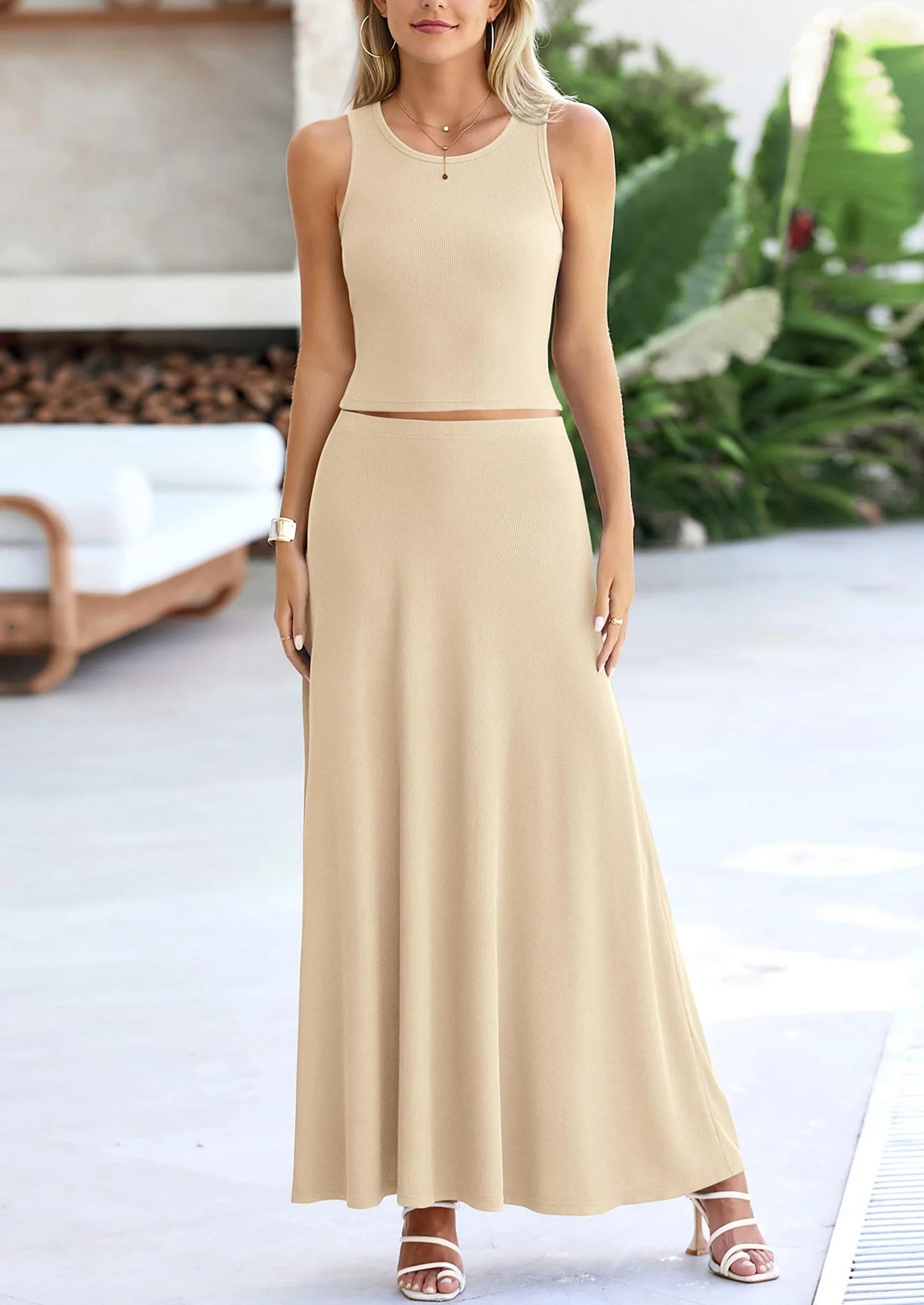 2 Piece Maxi Skirt Sets Casual Knit Cropped Tank Top High Waisted Long Skirts Outfit