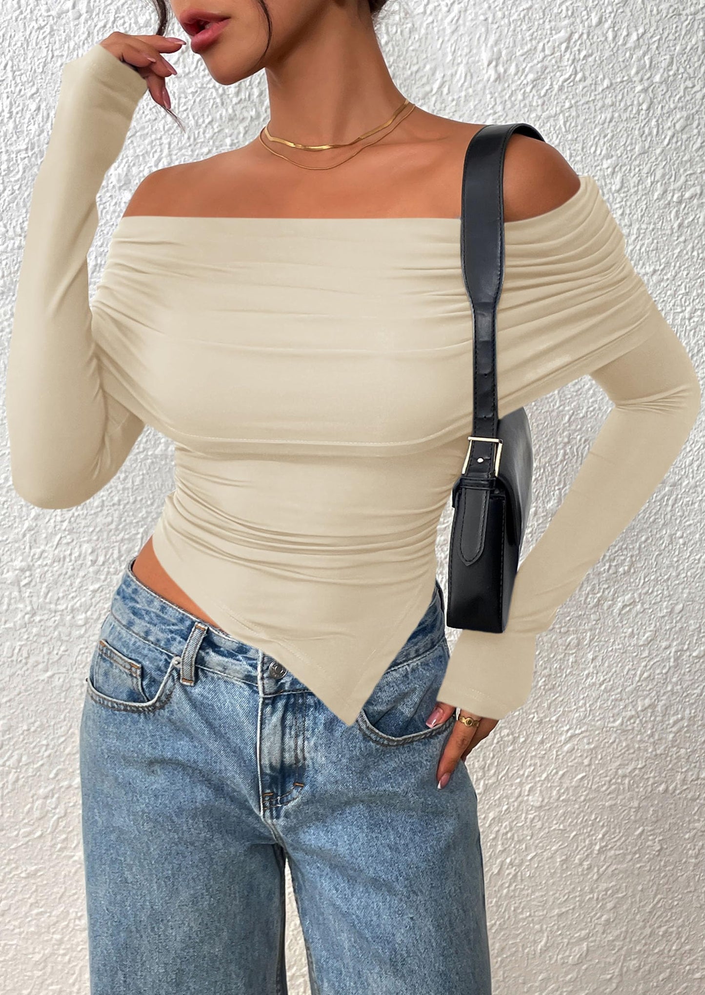 Women's Long Sleeve Shirts Off Shoulder Tops Going Out Slim Fitted Y2K Blouses Fall Fashion Clothes