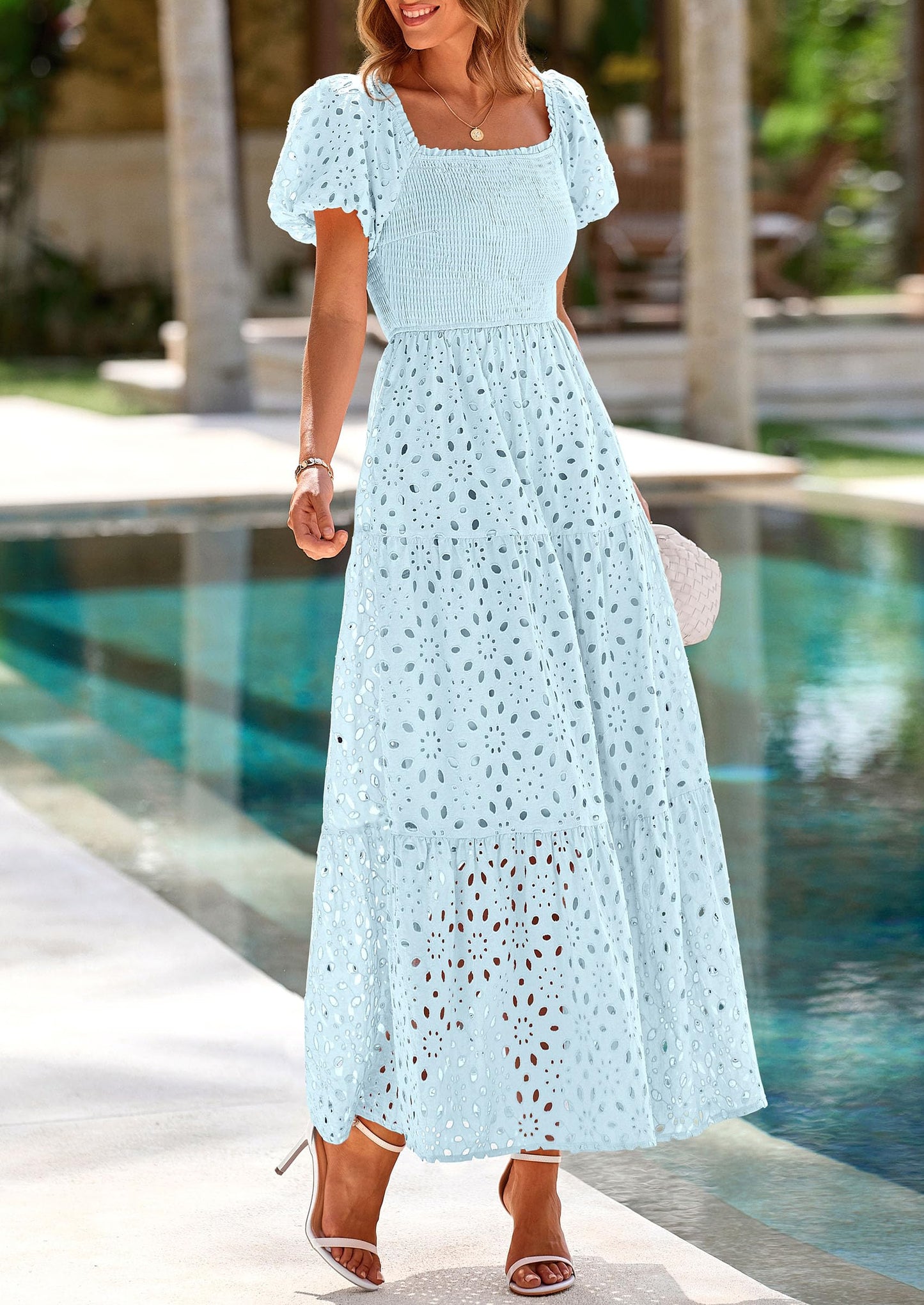 Dresses for Women Eyelet Square Neck Puff Sleeve Smocked Wedding Guest Maxi Dress with Pockets