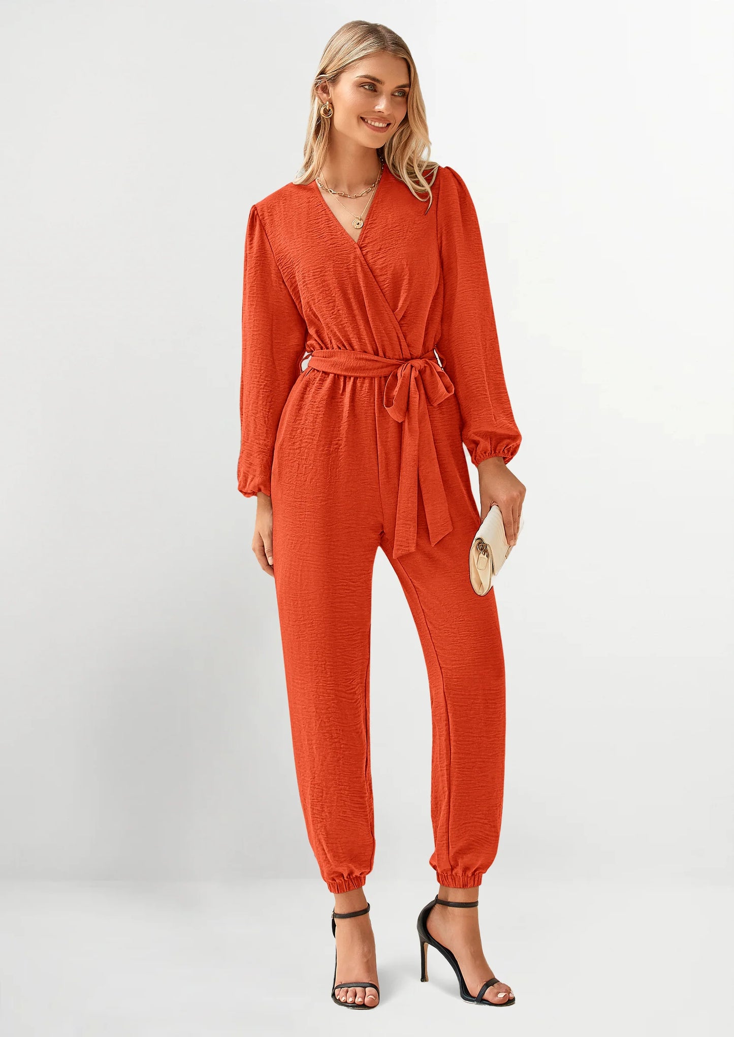 Women's Fall Jumpsuits Dressy Casual Pants Romper Spring Long Sleeve V Neck Belt Pockets One Piece Outfits