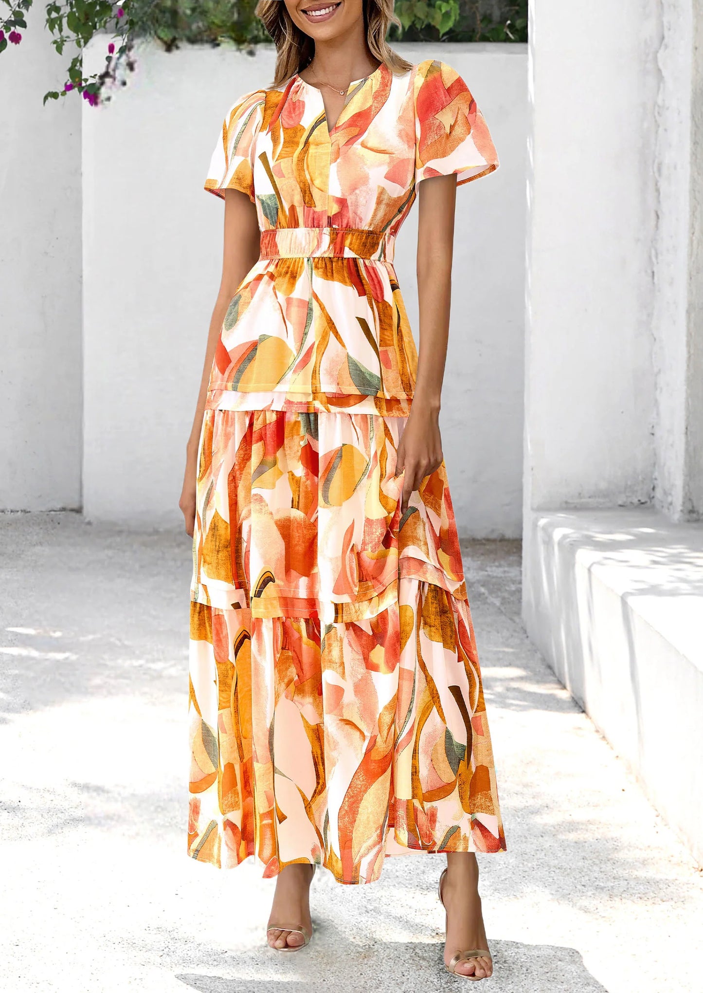 Women's Boho Maxi Dresses Floral Short Sleeve V Neck A Line Tiered Flowy Long Beach Vacation Dress