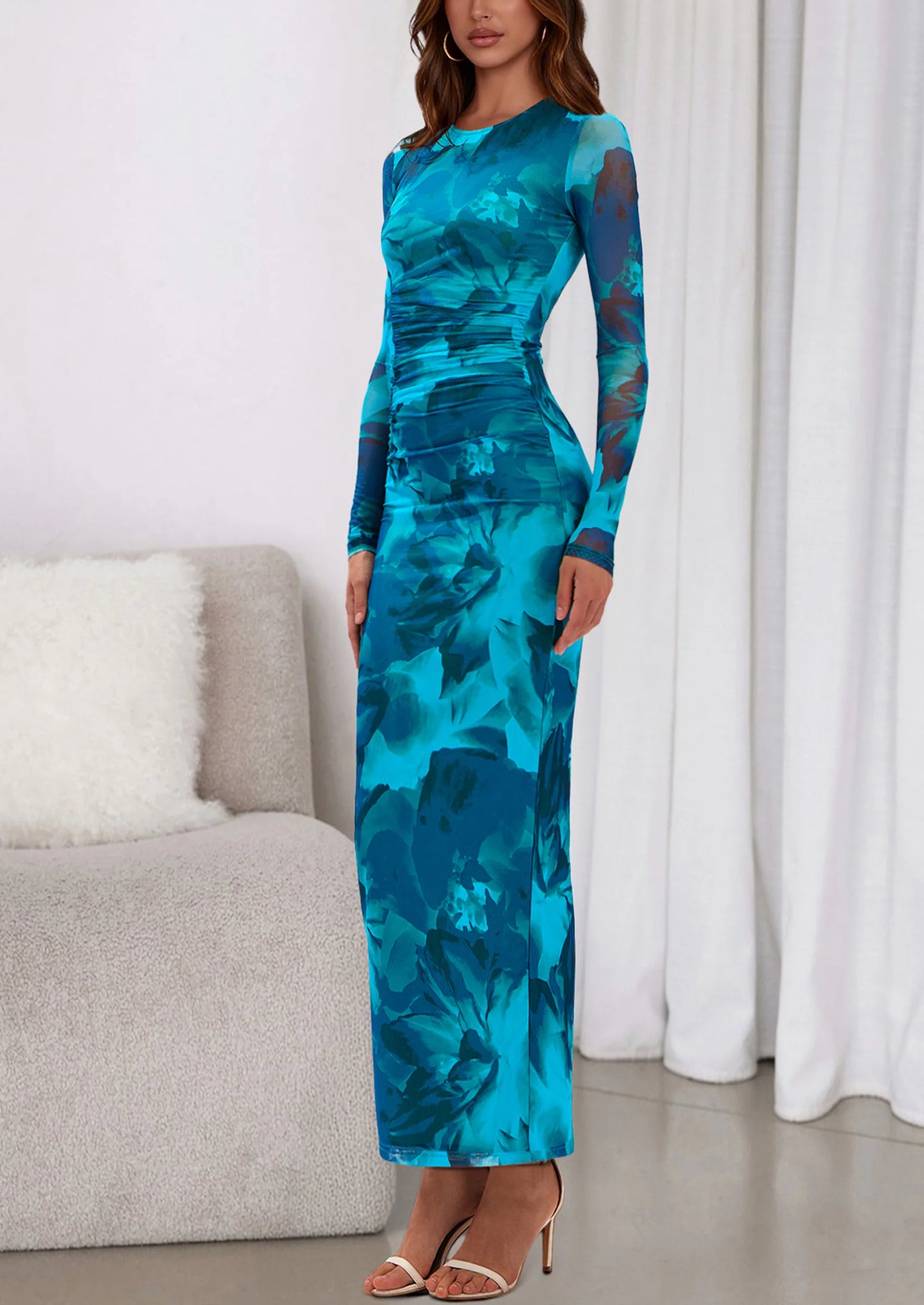 Women's Fall Wedding Guest Dresses Long Sleeve Fitted Ruched Slit Bodycon Mesh Floral Party Maxi Dress