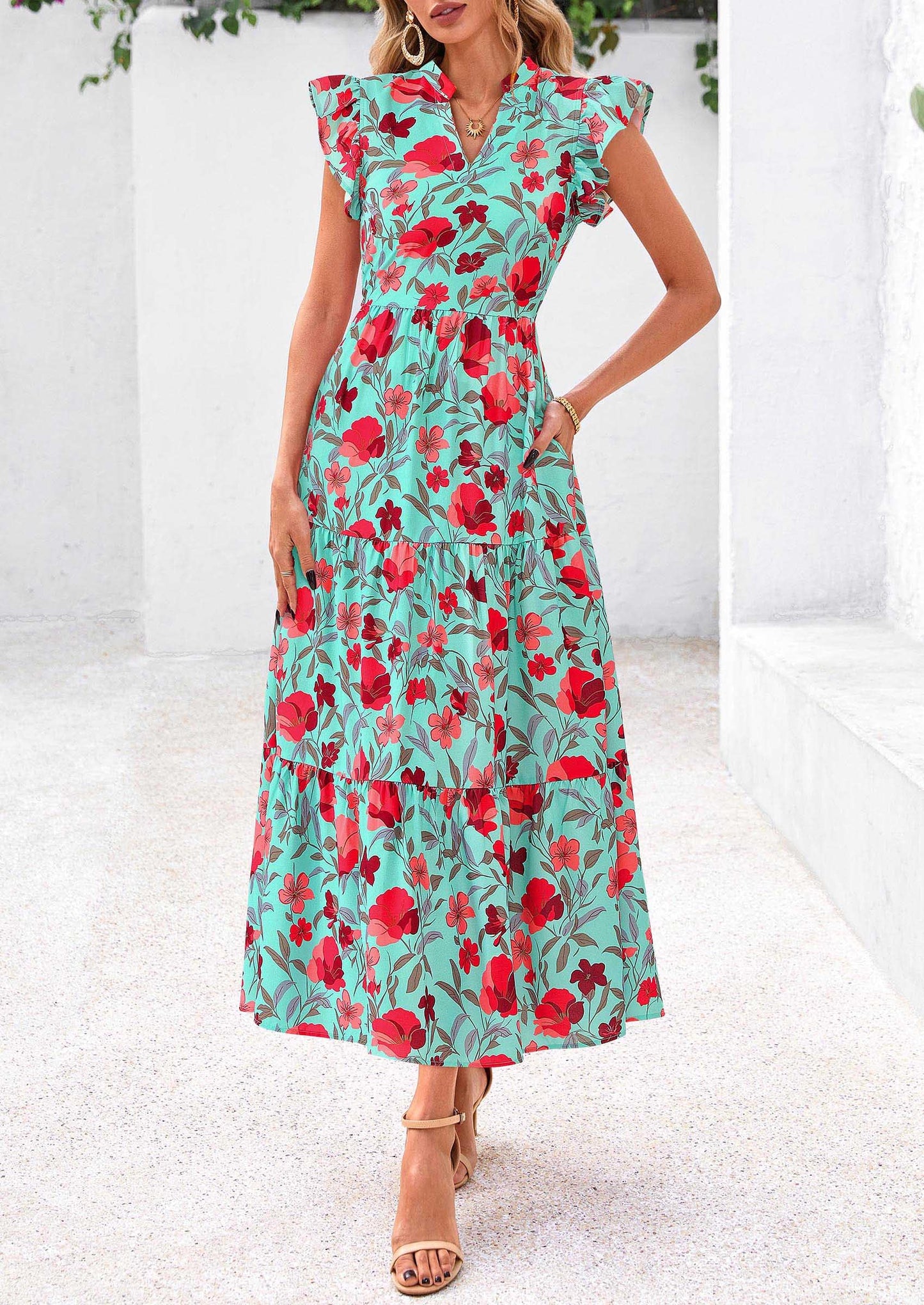 Women's Summer Floral Midi Dress Cap Sleeve V Neck Ruffle Long Flowy Boho Casual Beach Vacation Dresses