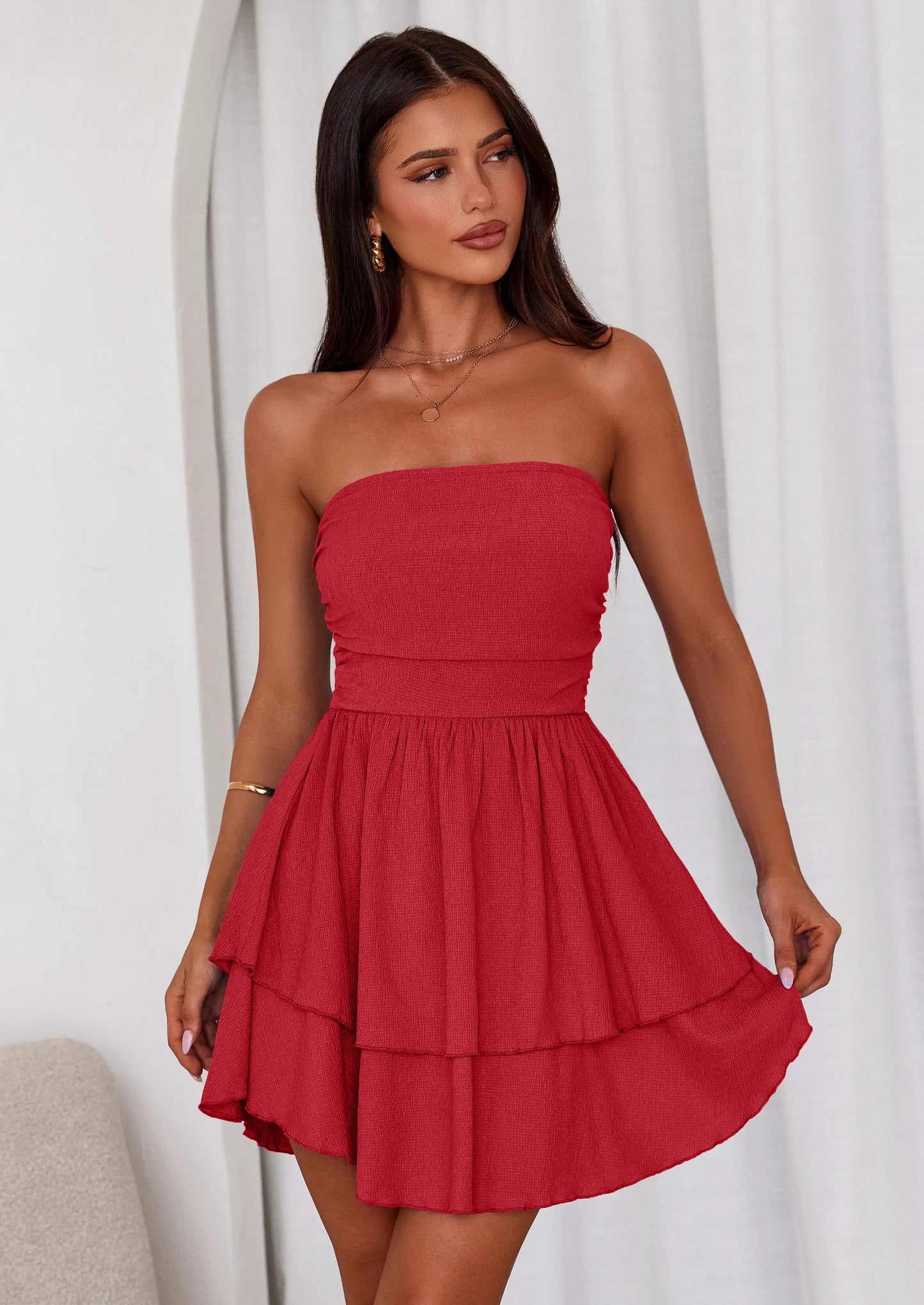 Women's Summer Strapless Tube Mini Dress Off Shoulder Smocked Ruffle A Line Flowy Short Party Club Dresses