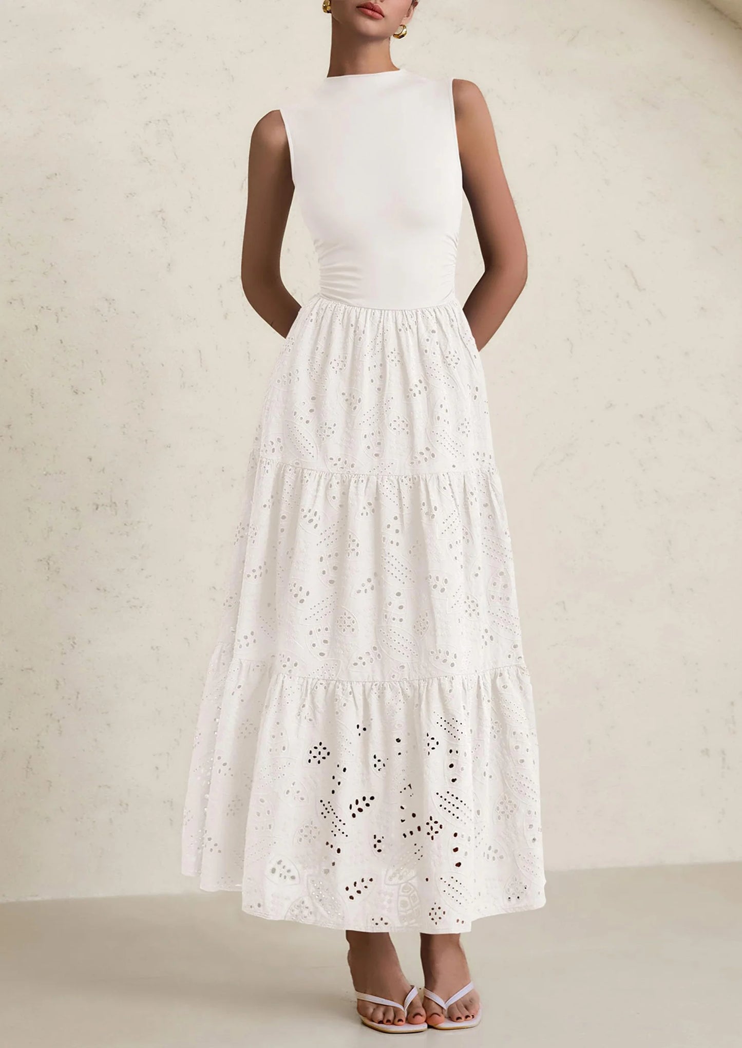 Dresses for Women Casual Eyelet Sleeveless Wedding Guest Maxi Dress Tank Top Sundress with Pockets