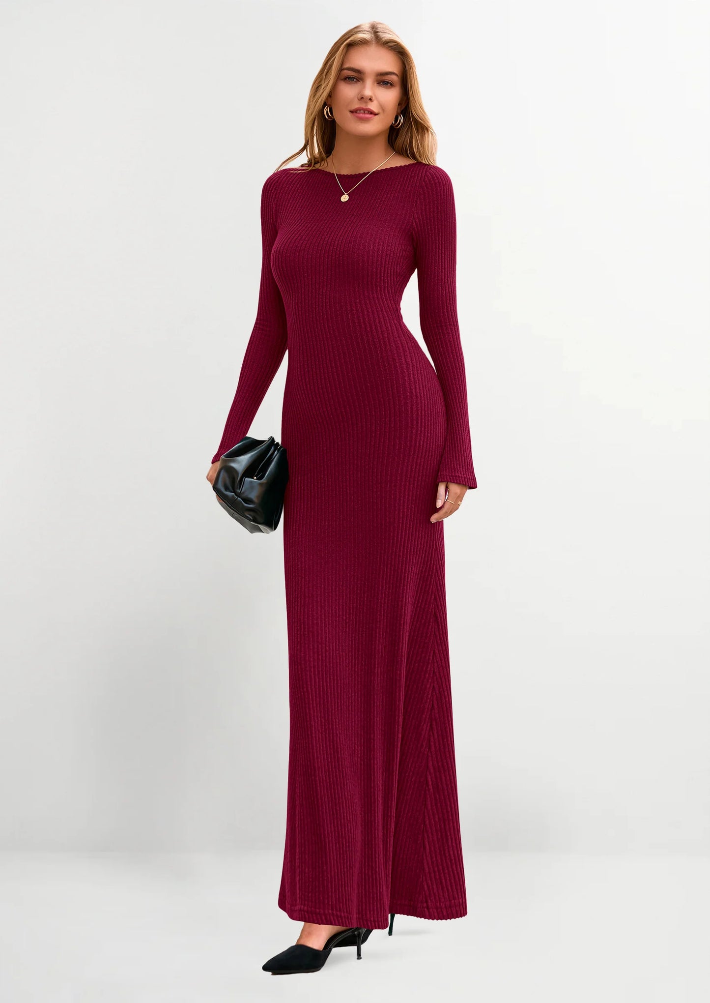 Women's Fall Fashion Long Sleeve Maxi Dress Ribbed Knit Boat Neck Bodycon Casual Dresses Going Out Outfits