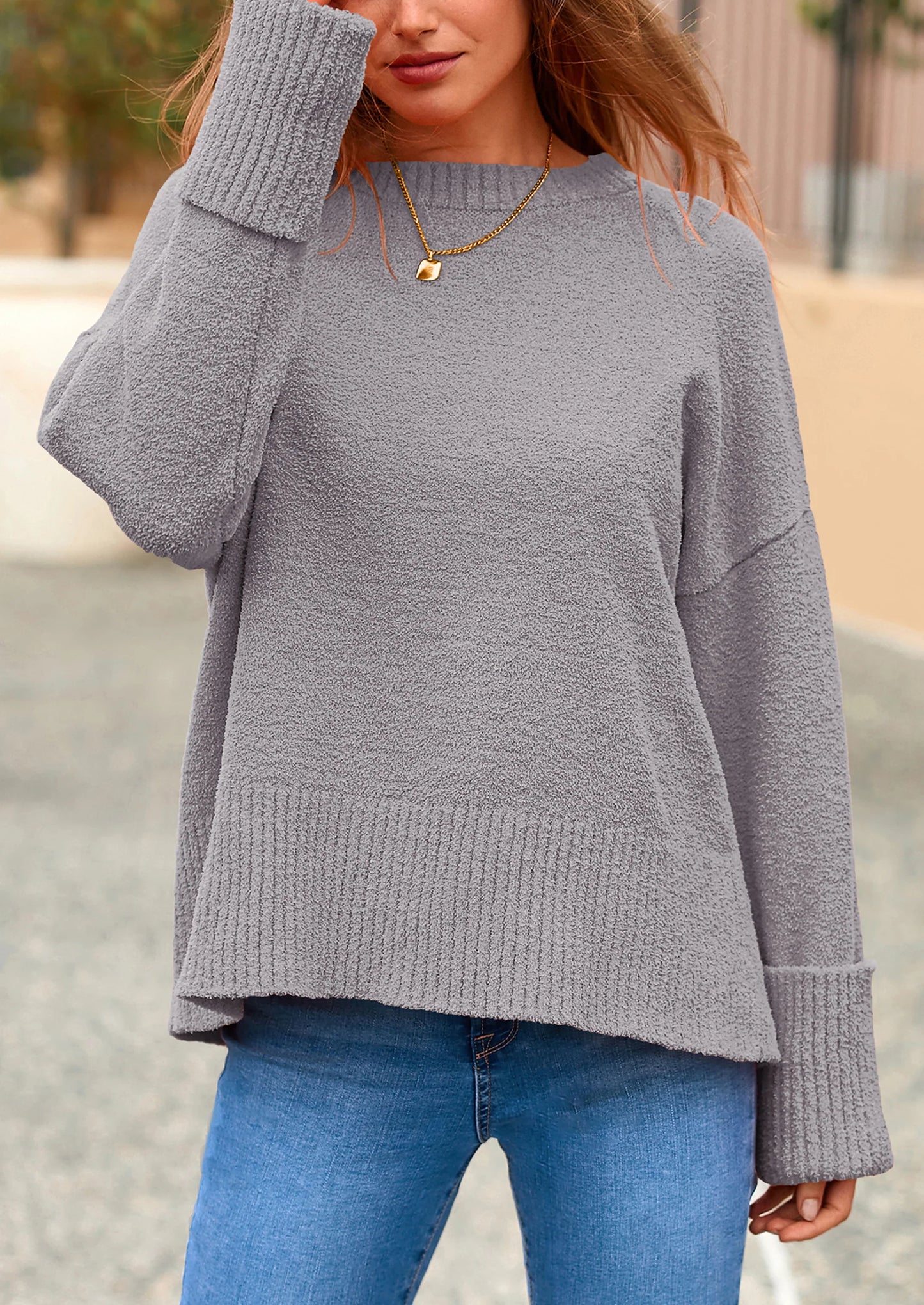 Women's Fall Oversized Sweaters Casual Crewneck Pullover Long Sleeve Fuzzy Chunky Knit Tops Blouse