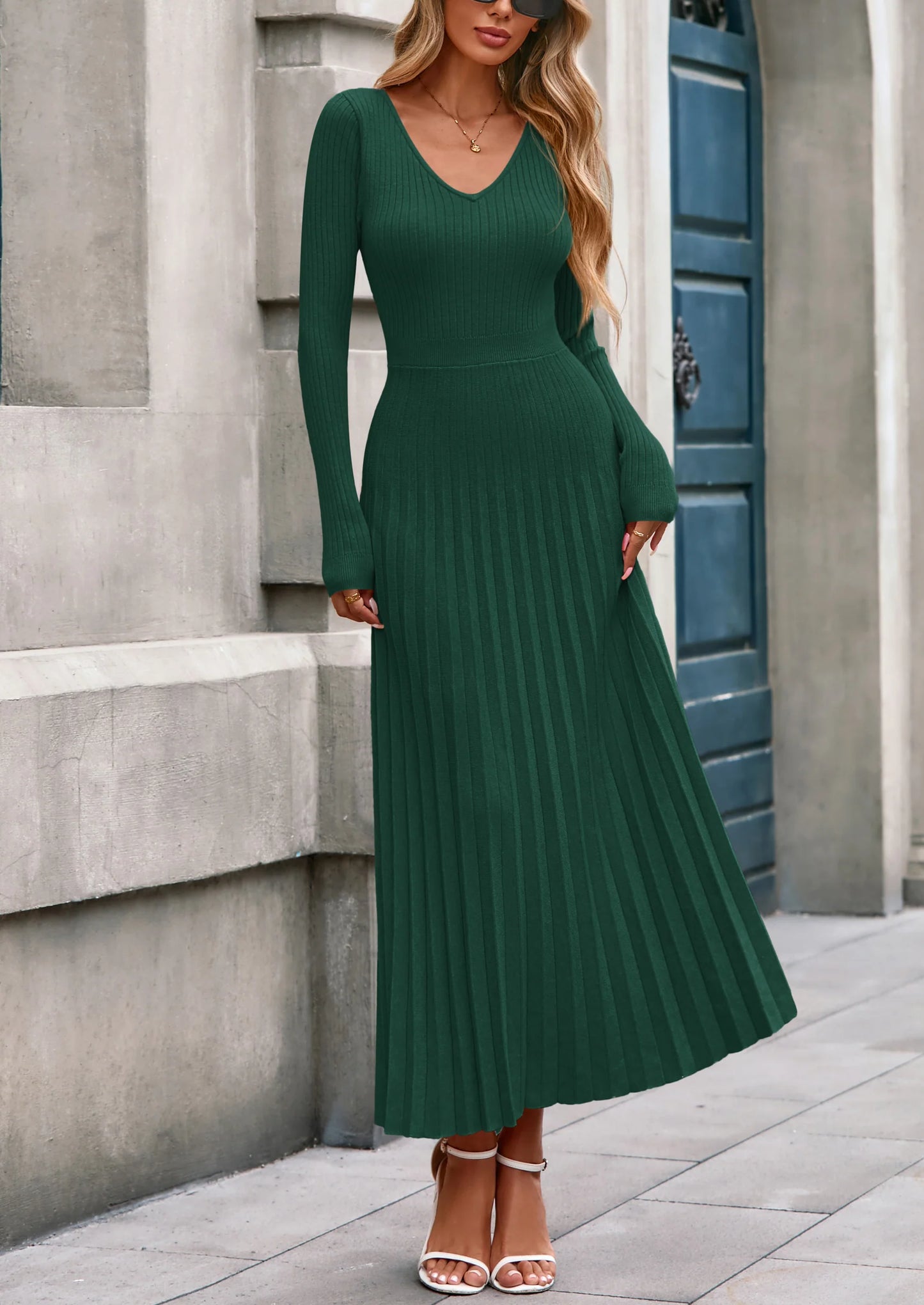 Women Sweater Dress Fall Fashion Long Sleeve V Neck Ribbed Knit Pleated A Line Elegant Maxi Winter Dresses