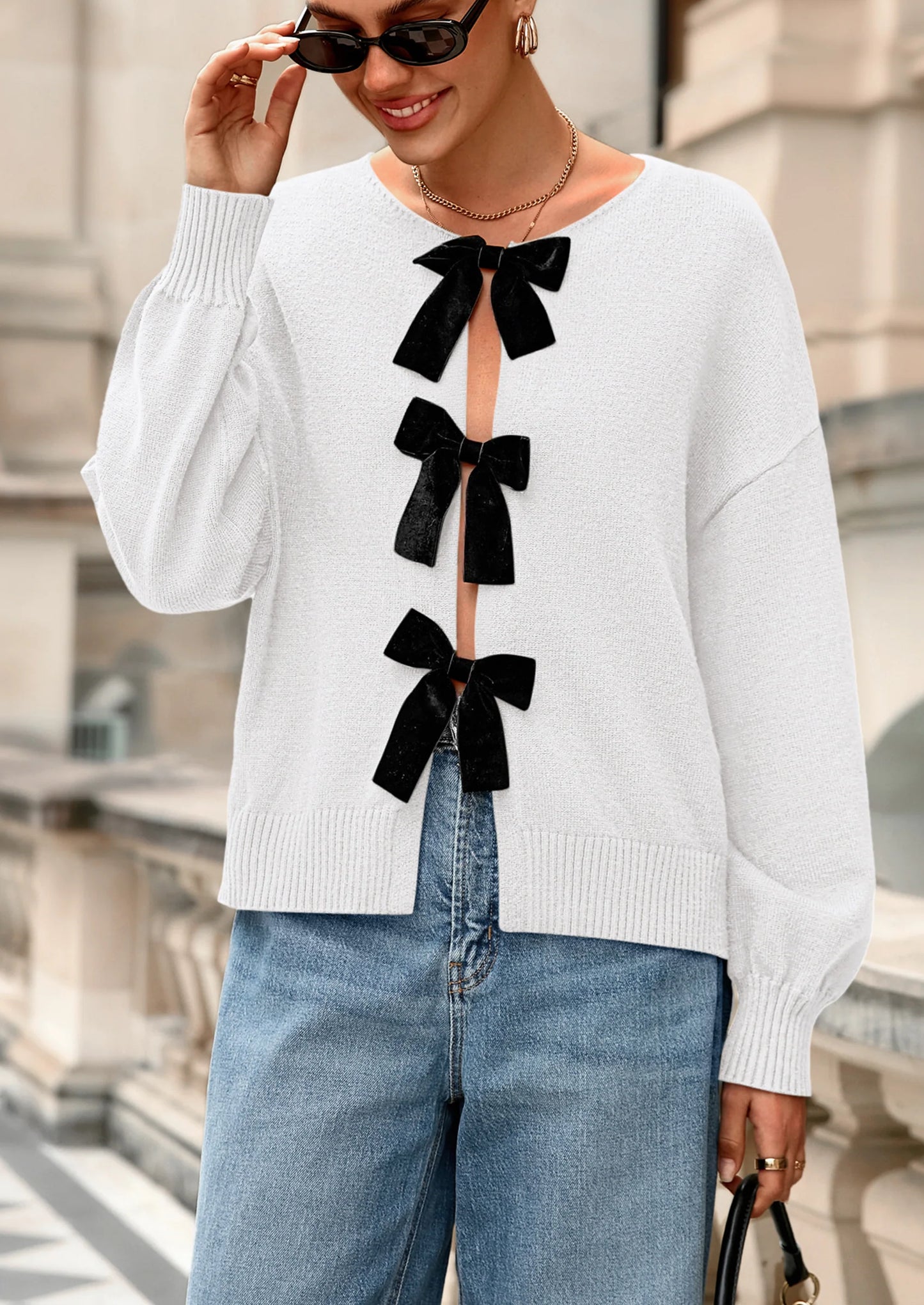 Cardigan Sweaters for Women Fall Bow Tie Front Long Sleeve Knit Sweater Tops Cute Going Out Outfits