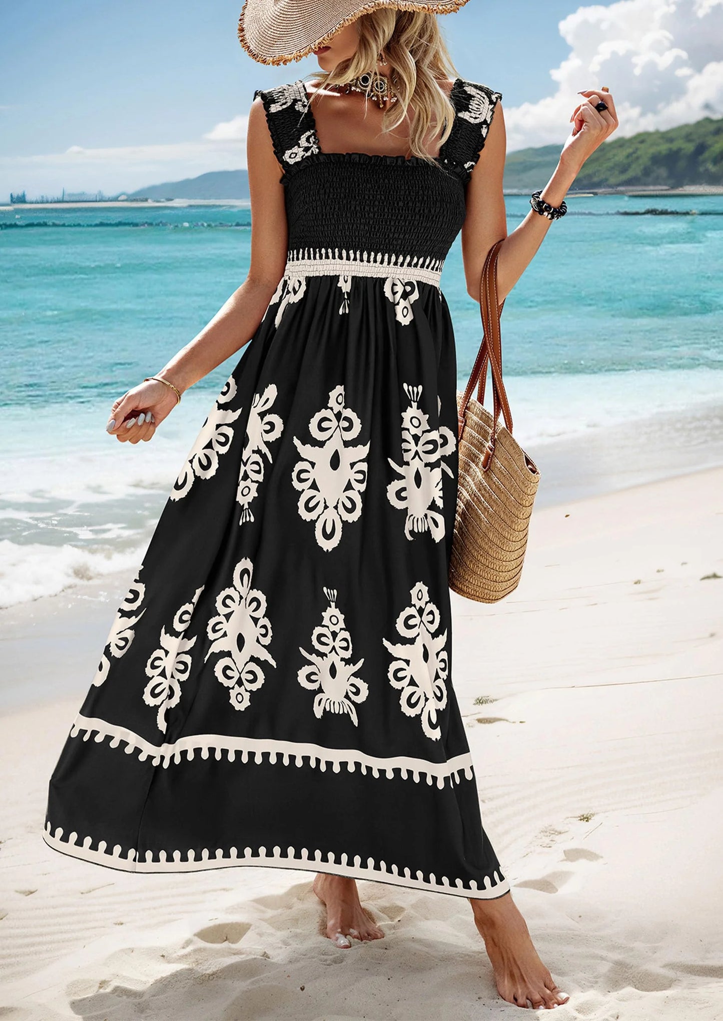 Womens Summer Boho Maxi Dress Casual Sleeveless Square Neck Floral Aline Smocked Beach Dresses with Pockets