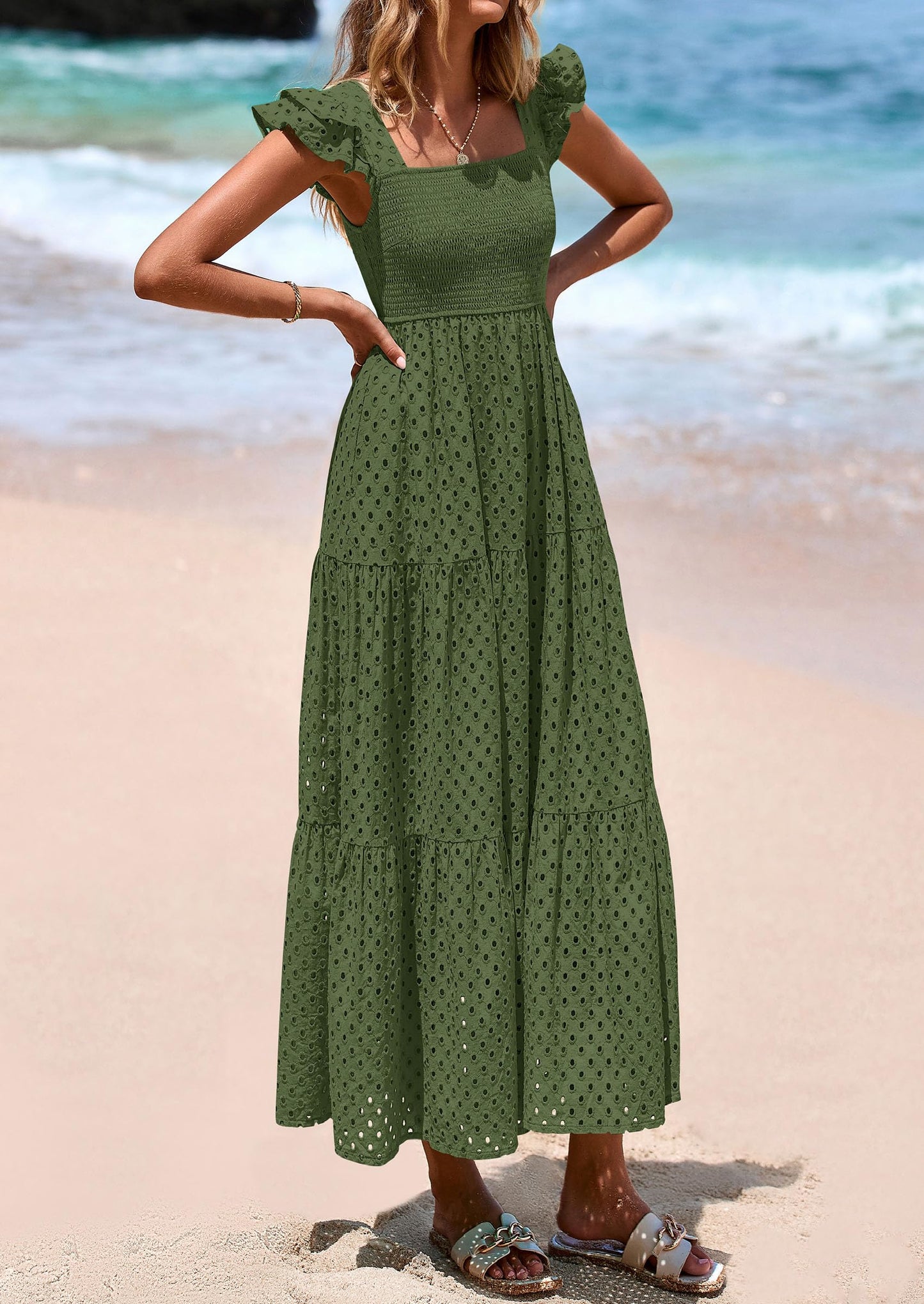 Womens Square Neck Maxi Dresses Cap Sleeve Eyelet Smocked Tiered A Line Flowy Long Dress with Pockets